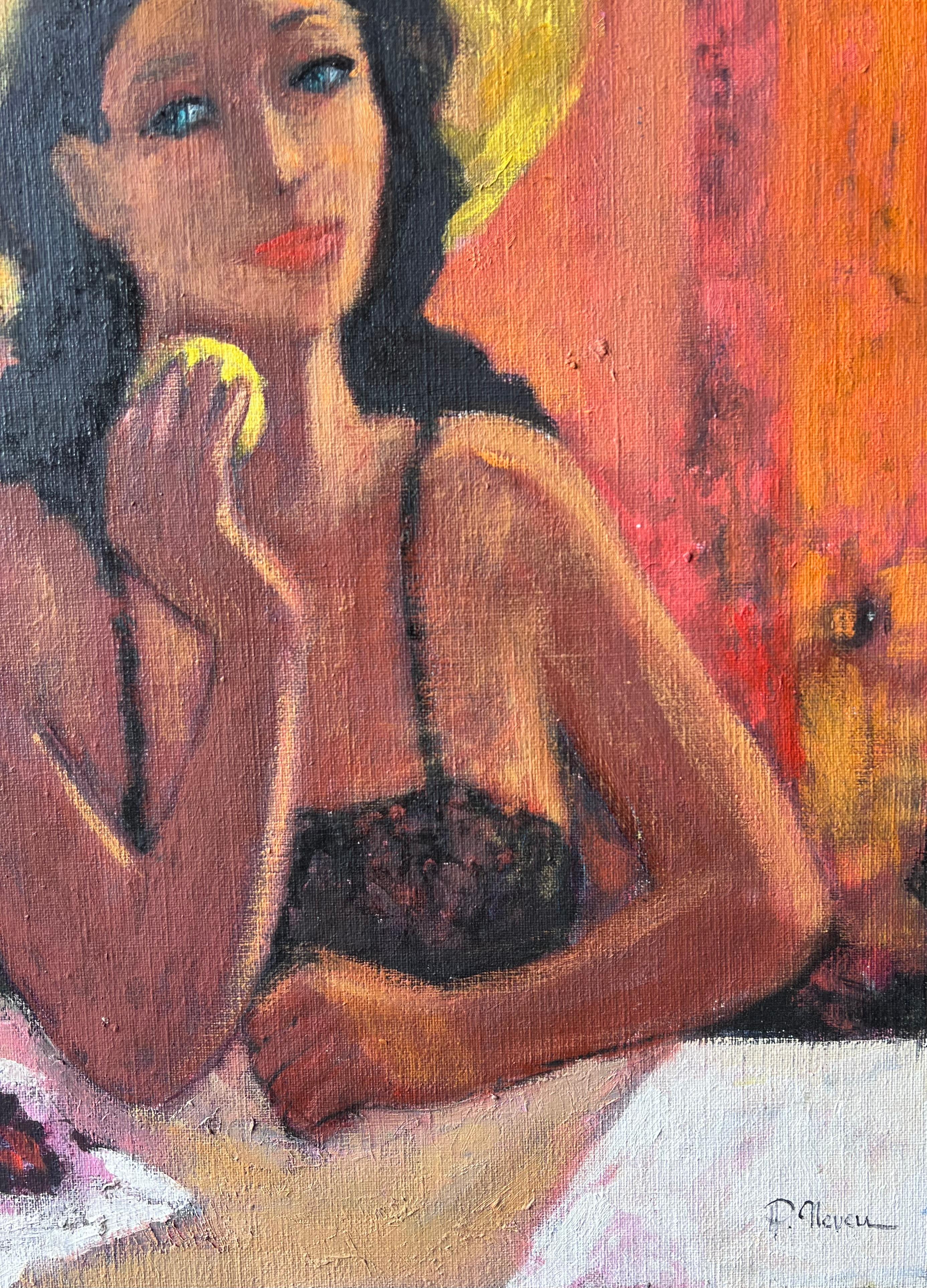 Der Früchtetisch
Künstler: Pierre Neveu (Franzose, geb. 1929)
signiert unten rechts 
Medium: Öl auf Leinwand, ungerahmt
Leinwand: 24 x 29 Zoll
Zustand: Guter und gesunder Zustand
Provenienz: Aus dem Atelierverkauf des Künstlers in Frankreich; alle