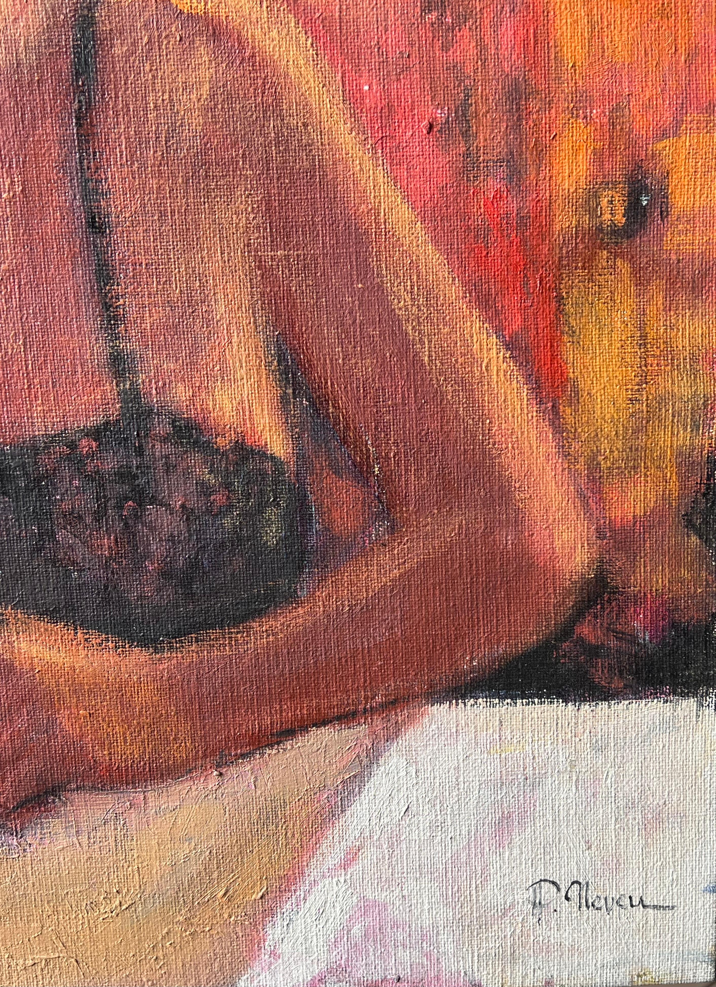 Französisches postimpressionistisches Ölgemälde Dame mit Hut isst Obst am Tisch im Angebot 1