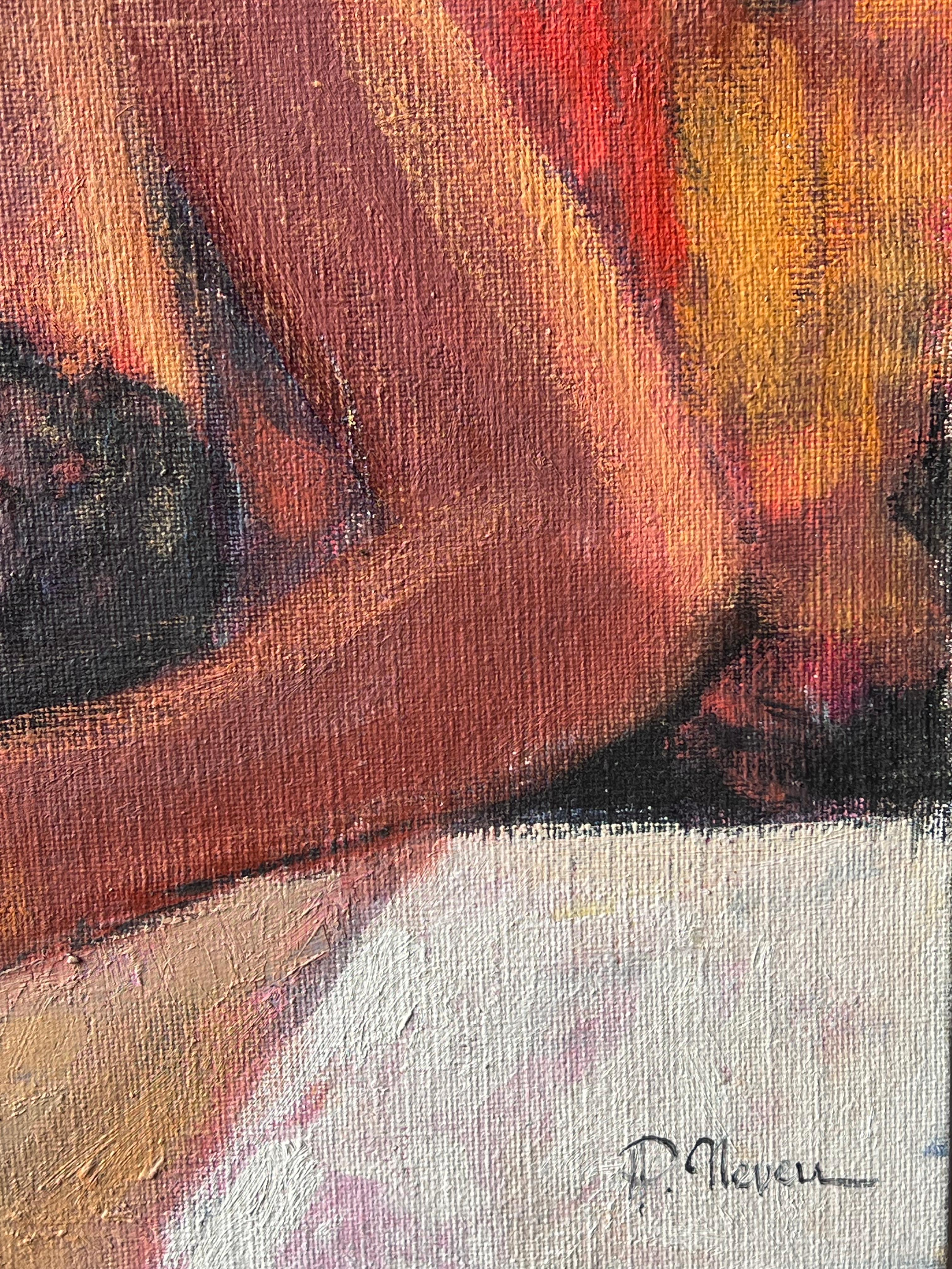 Französisches postimpressionistisches Ölgemälde Dame mit Hut isst Obst am Tisch im Angebot 2