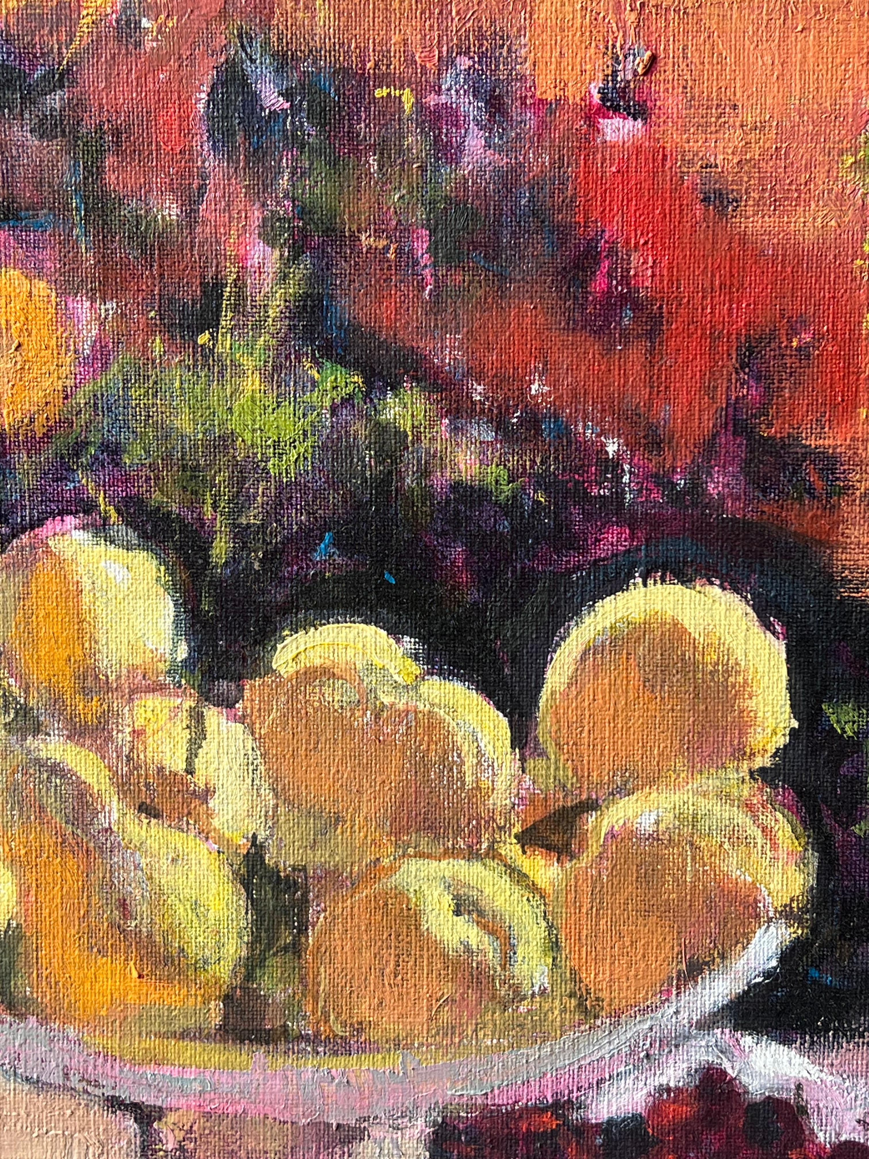 Französisches postimpressionistisches Ölgemälde Dame mit Hut isst Obst am Tisch im Angebot 3