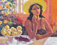 French Post Impressionist Oil Painting Lady with Hat Eating Fruit at Table