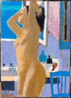French Post Impressionist Oil Painting Nude Lady in Bathroom Interior