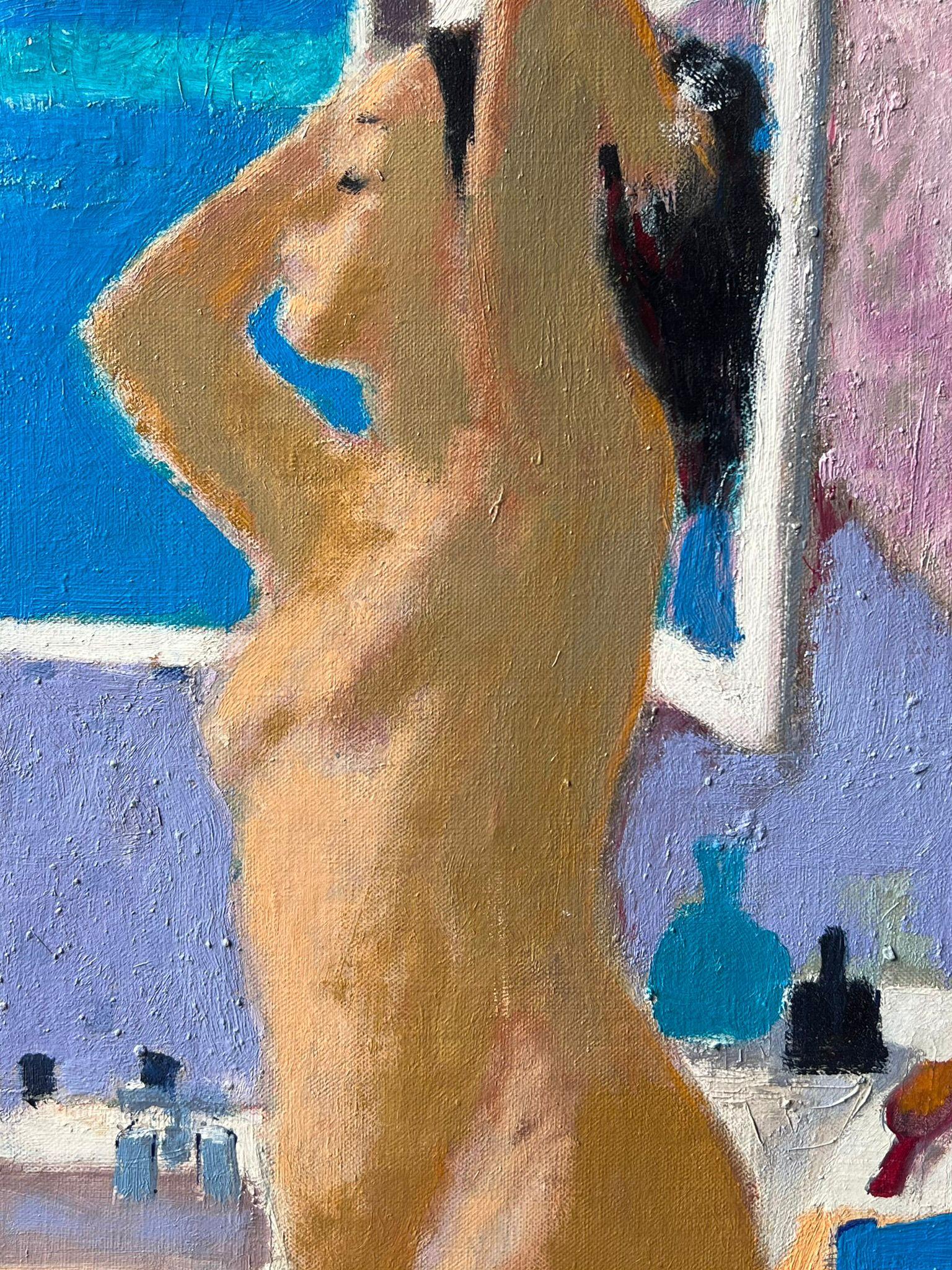 Französisch Post Impressionist Ölgemälde Nude Lady in Badezimmer Interieur (Post-Impressionismus), Painting, von Pierre Neveu