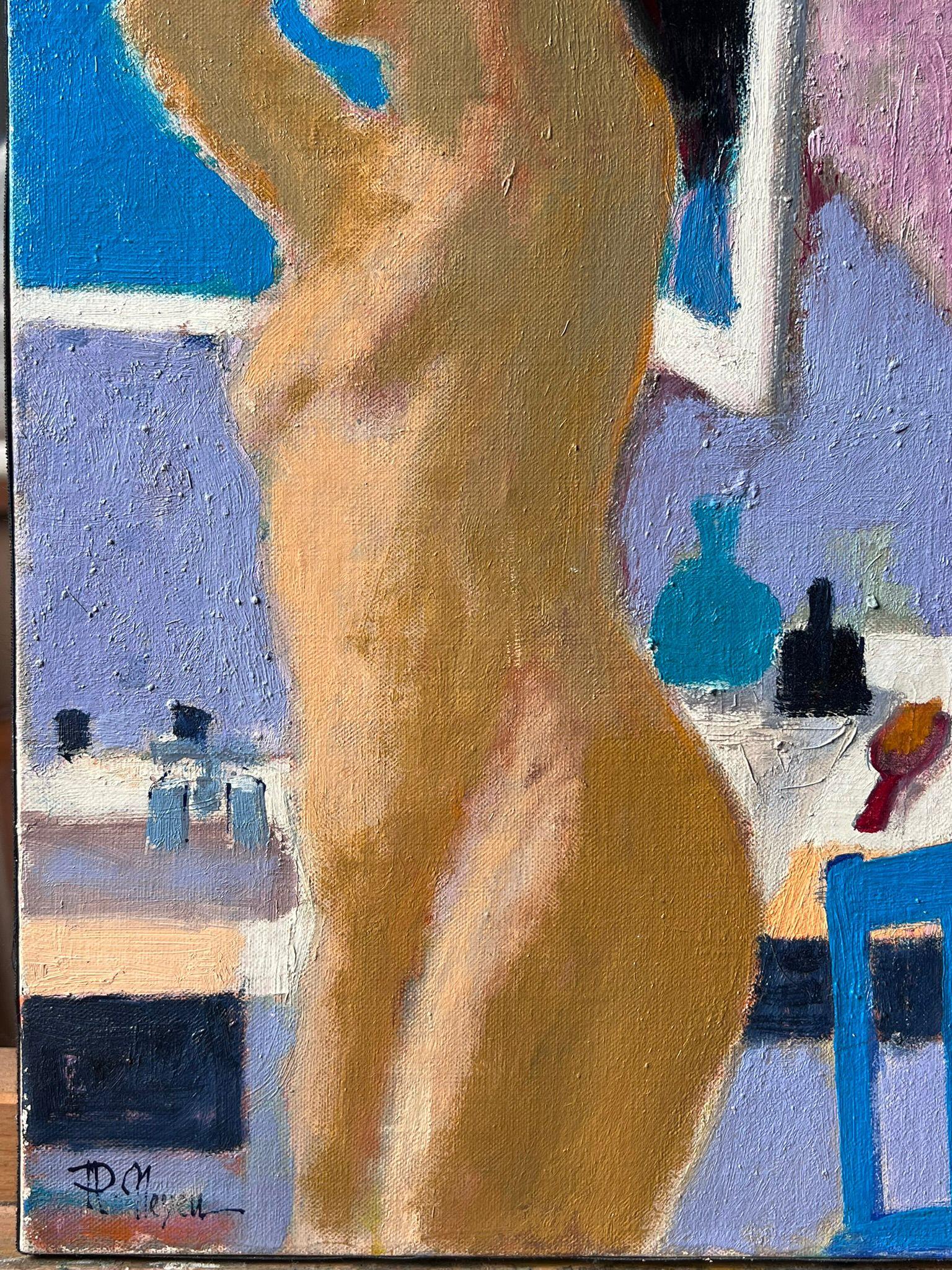 Französisch Post Impressionist Ölgemälde Nude Lady in Badezimmer Interieur (Braun), Nude Painting, von Pierre Neveu