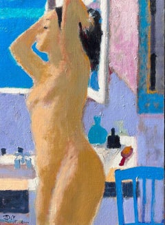 French Post Impressionist Oil Painting Nude Lady in Bathroom Interior