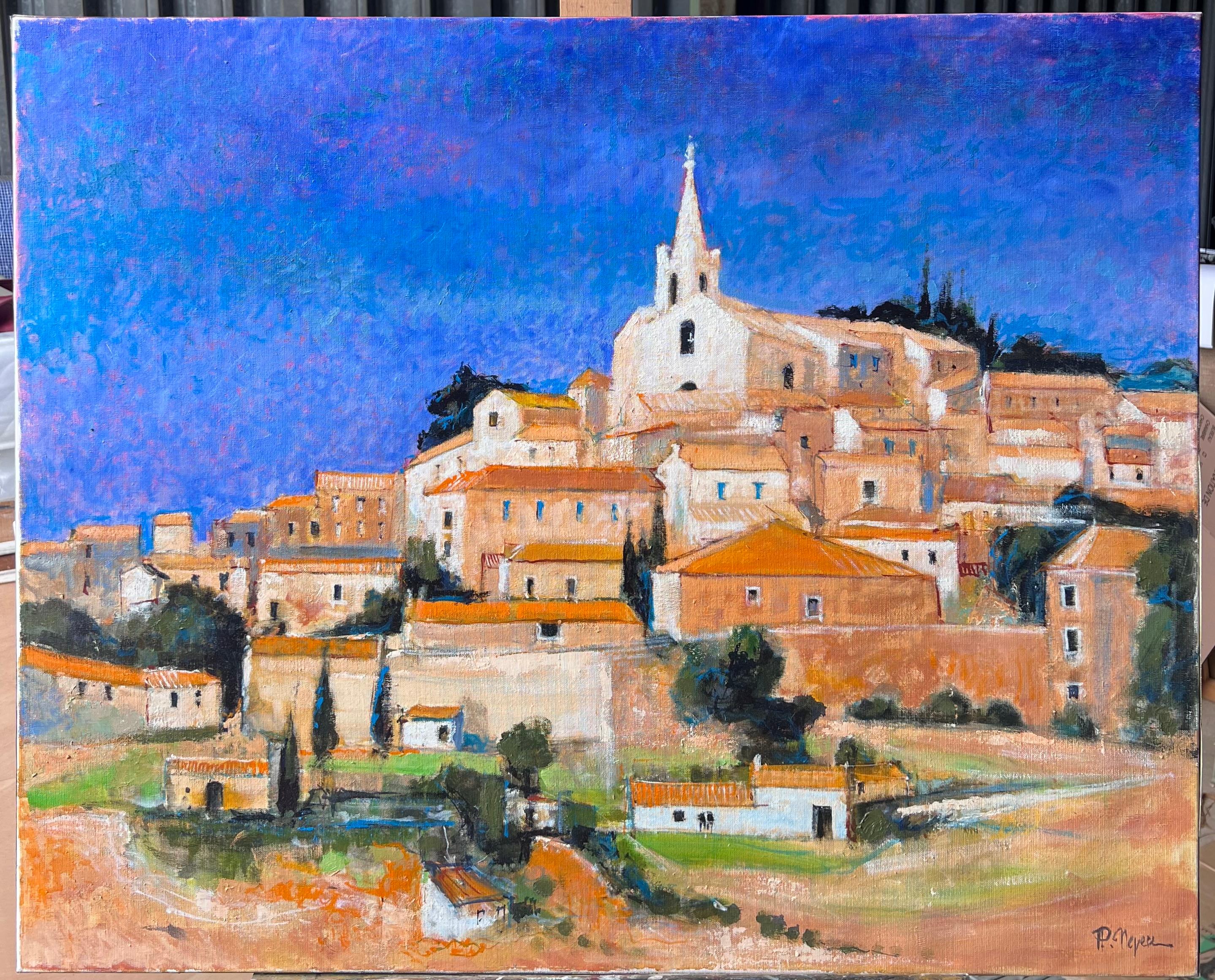 Enorme cuadro al óleo francés contemporáneo Bonnieux Luberon Provence Village - Painting de Pierre Neveu