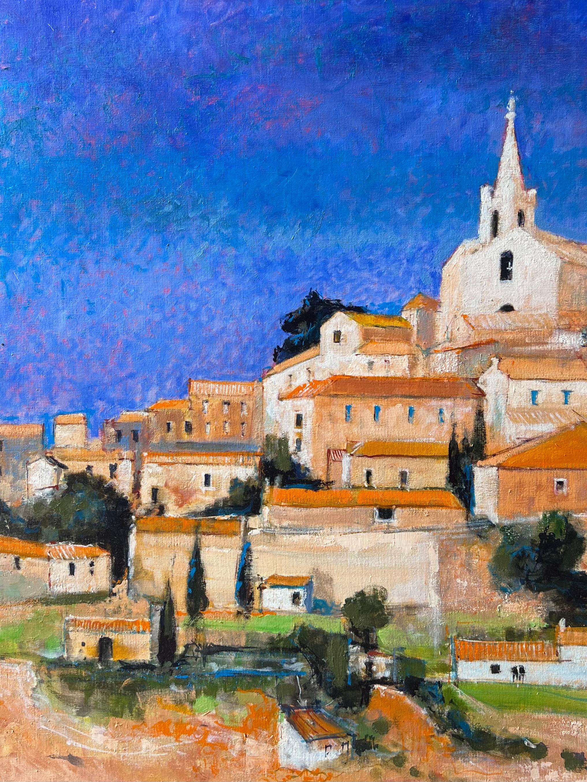 Enorme cuadro al óleo francés contemporáneo Bonnieux Luberon Provence Village - Painting Posimpresionista de Pierre Neveu