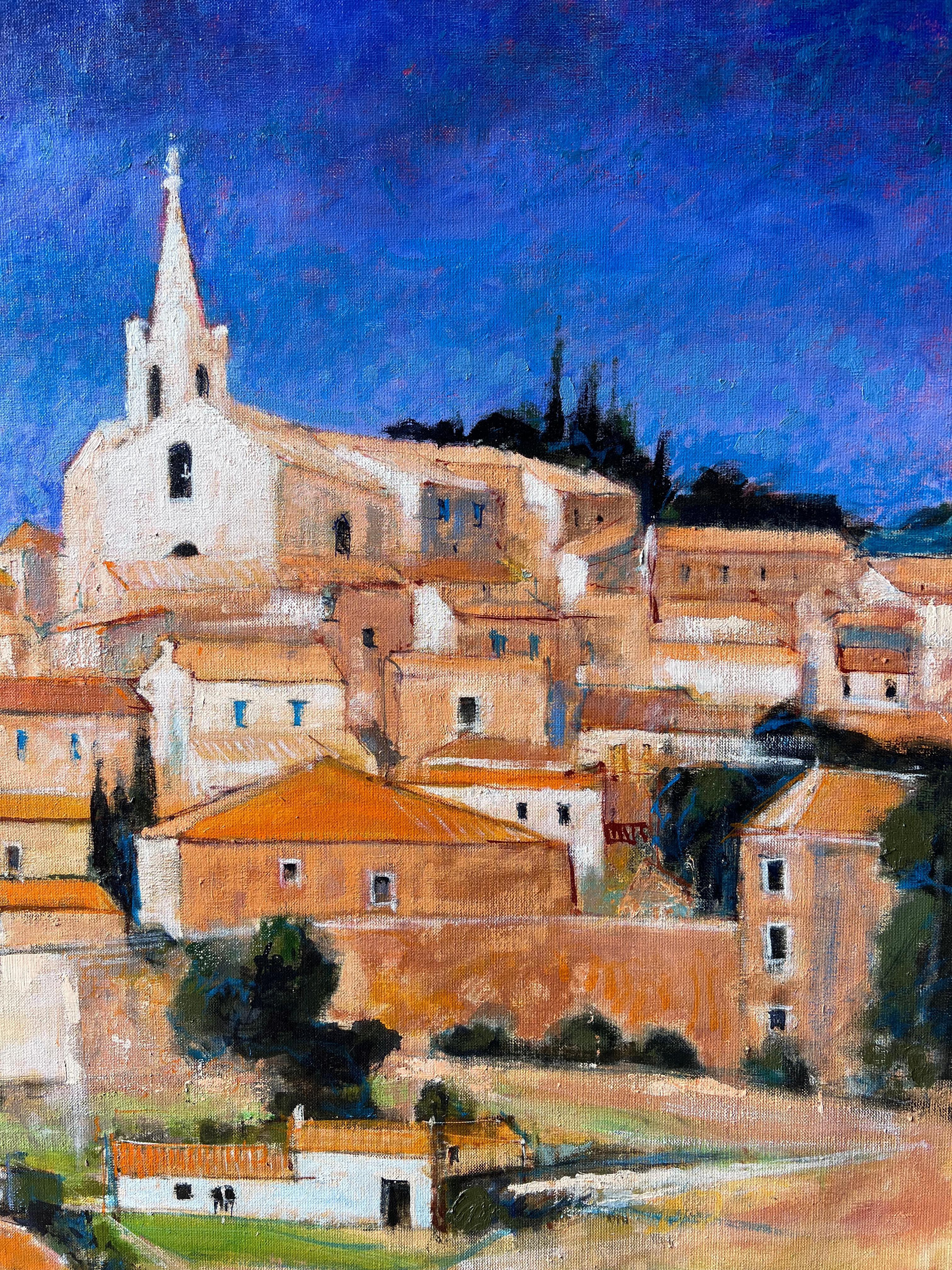 Enorme cuadro al óleo francés contemporáneo Bonnieux Luberon Provence Village - Landscape Painting Marrón de Pierre Neveu
