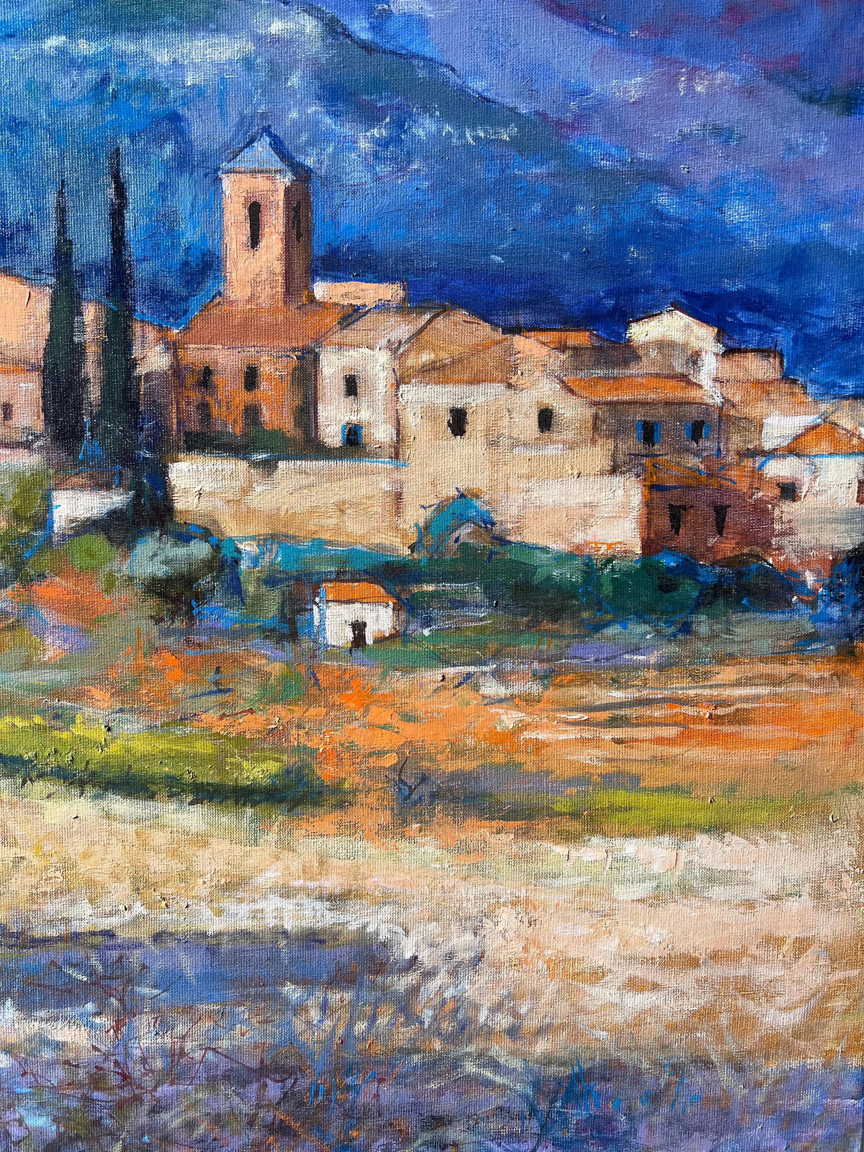 Riesige Französisch Post Impressionist signiert Öl Lourmarin Luberon Tal Provence (Blau), Landscape Painting, von Pierre Neveu
