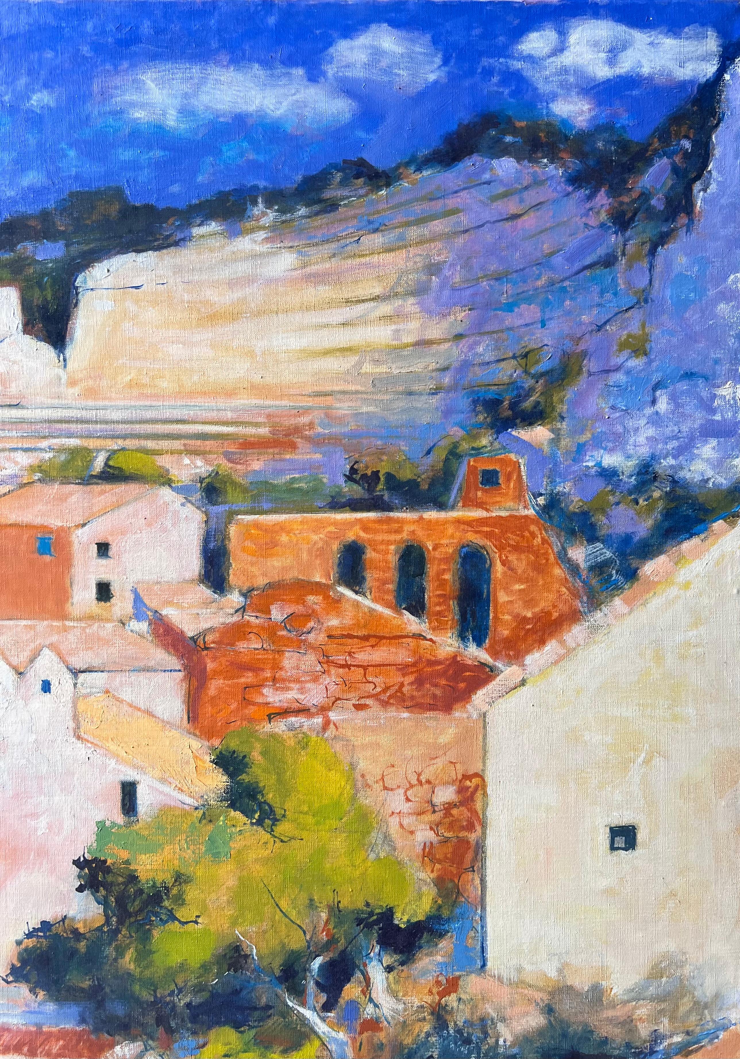 Riesige sonnenbeschienene Hügelspitze Balazuc mit hohen Klippen und Terrakotta-Häusern Ölgemälde (Post-Impressionismus), Painting, von Pierre Neveu