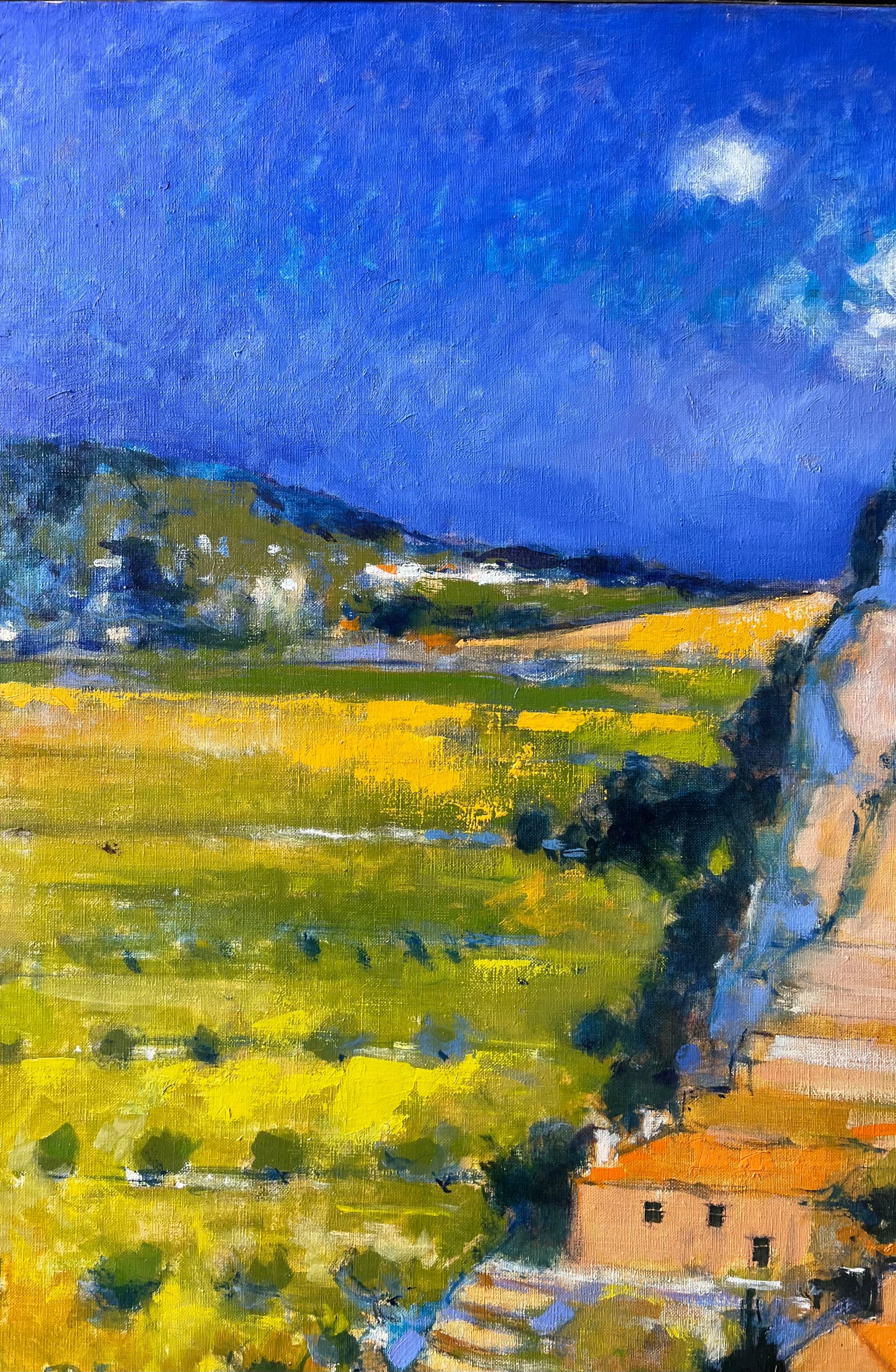 Riesige sonnenbeschienene Hügelspitze Balazuc mit hohen Klippen und Terrakotta-Häusern Ölgemälde im Angebot 1