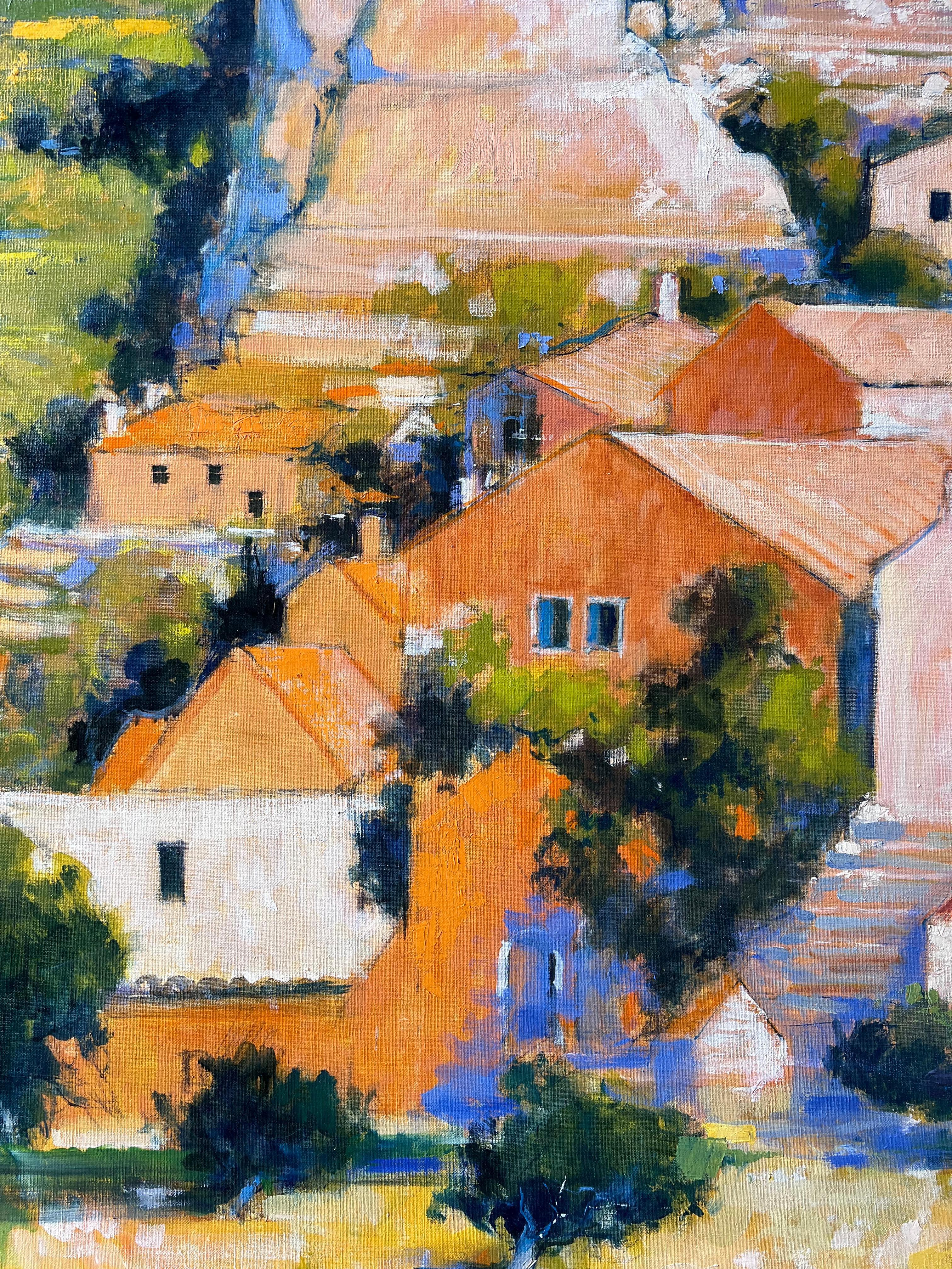 Riesige sonnenbeschienene Hügelspitze Balazuc mit hohen Klippen und Terrakotta-Häusern Ölgemälde im Angebot 2