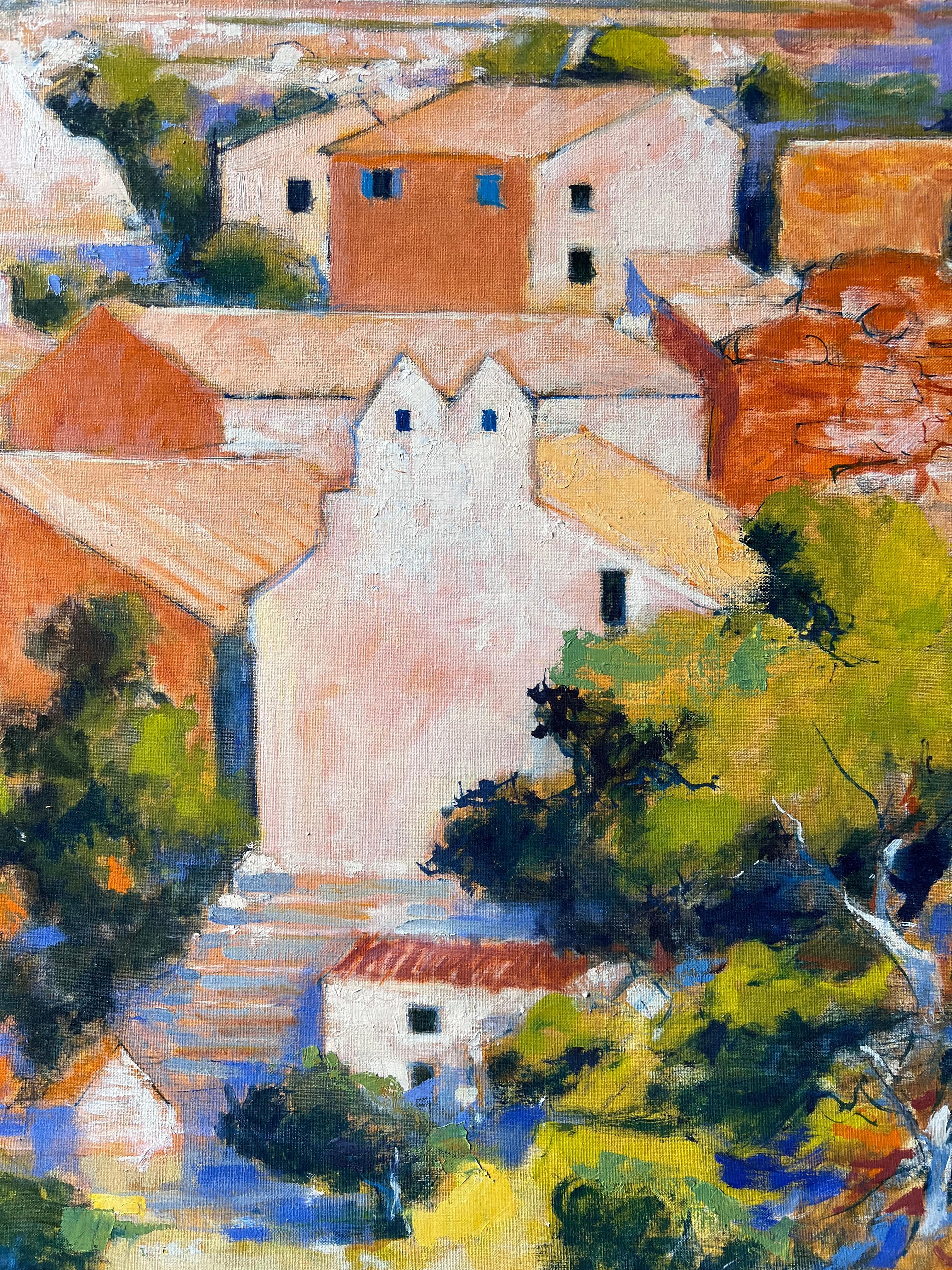 Riesige sonnenbeschienene Hügelspitze Balazuc mit hohen Klippen und Terrakotta-Häusern Ölgemälde im Angebot 3