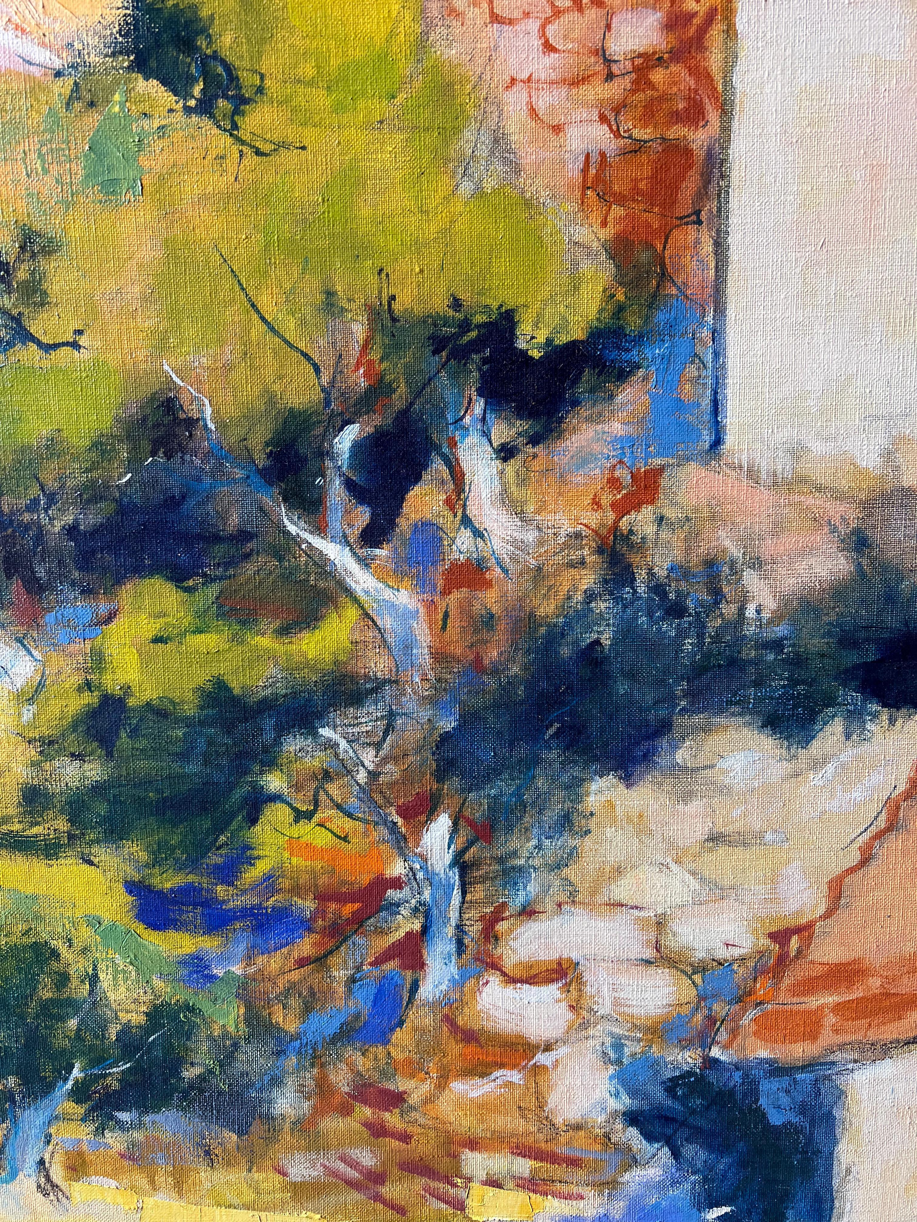 Riesige sonnenbeschienene Hügelspitze Balazuc mit hohen Klippen und Terrakotta-Häusern Ölgemälde im Angebot 4