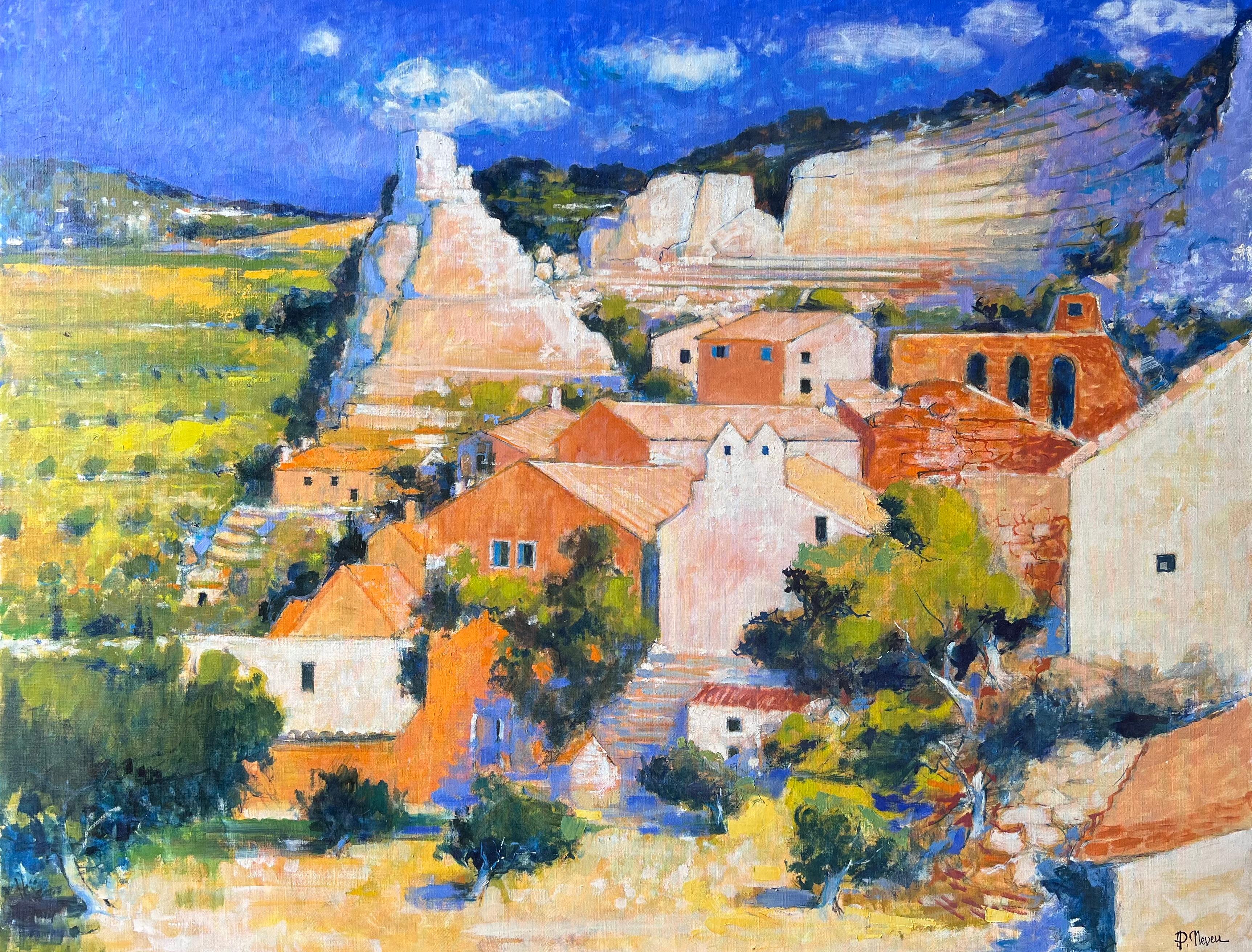 Immense colline ensoleillée de Balazuc avec hautes falaises et maisons en terre cuite Peinture à l
huile