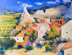 Enorme collina illuminata dal sole di Balazuc con alte scogliere e case in terracotta Pittura ad olio