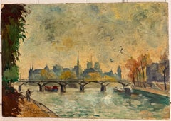Impressionist View of Paris with Fisherman on the Seine and Cathedral Skyline