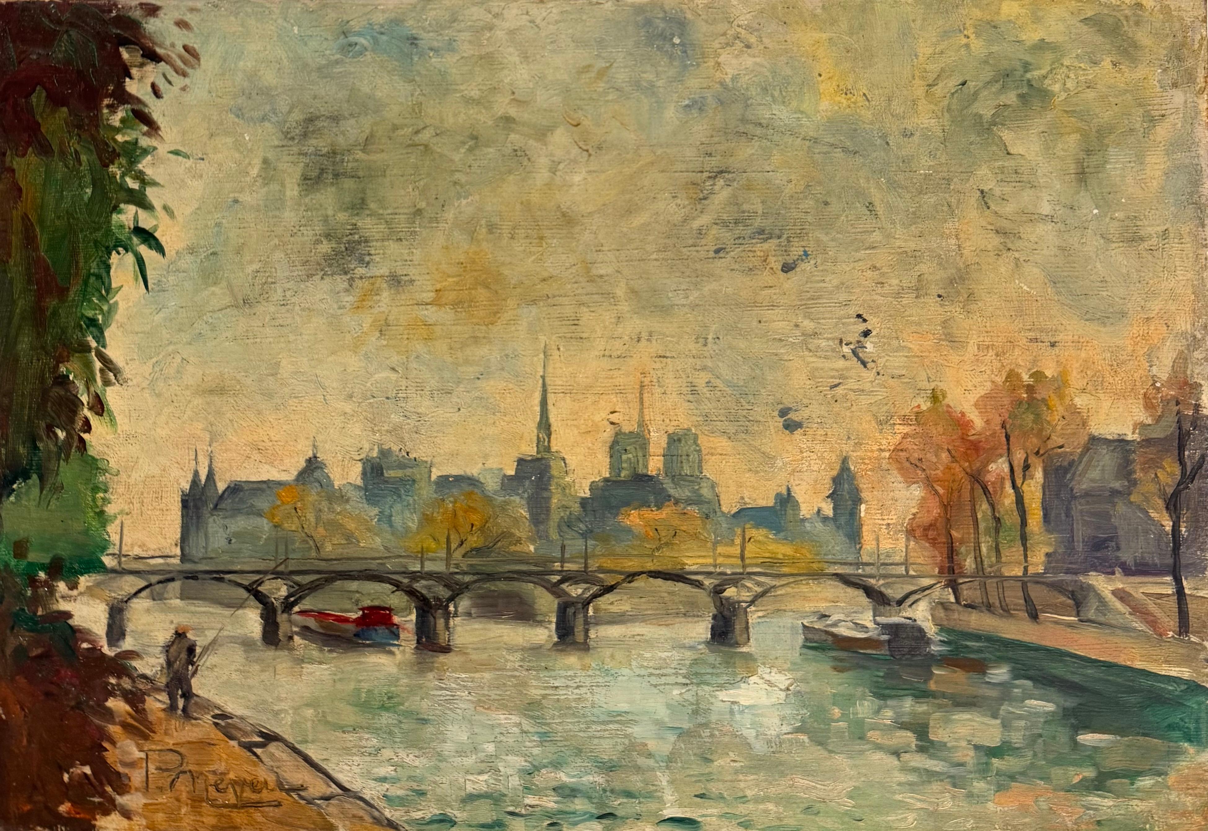 Pierre Neveu Figurative Painting – Impressionistische Ansicht von Paris mit einem Fischer auf der Seine und der Skyline der Kathedralen