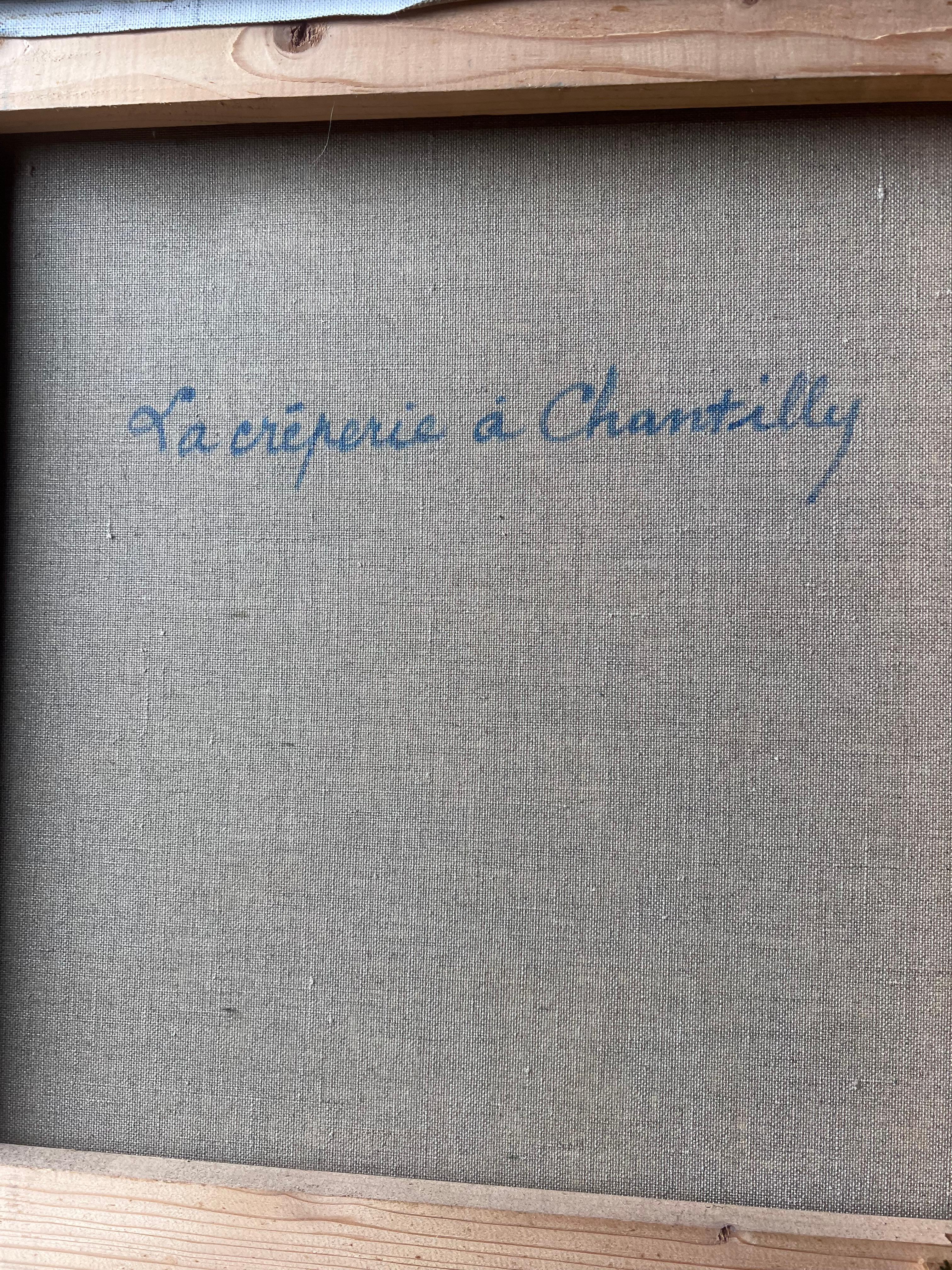 La Creperie in Chantilly Sonnenbeschienene Café-Terrasse mit Figuren auf Französisch Ölgemälde im Angebot 5