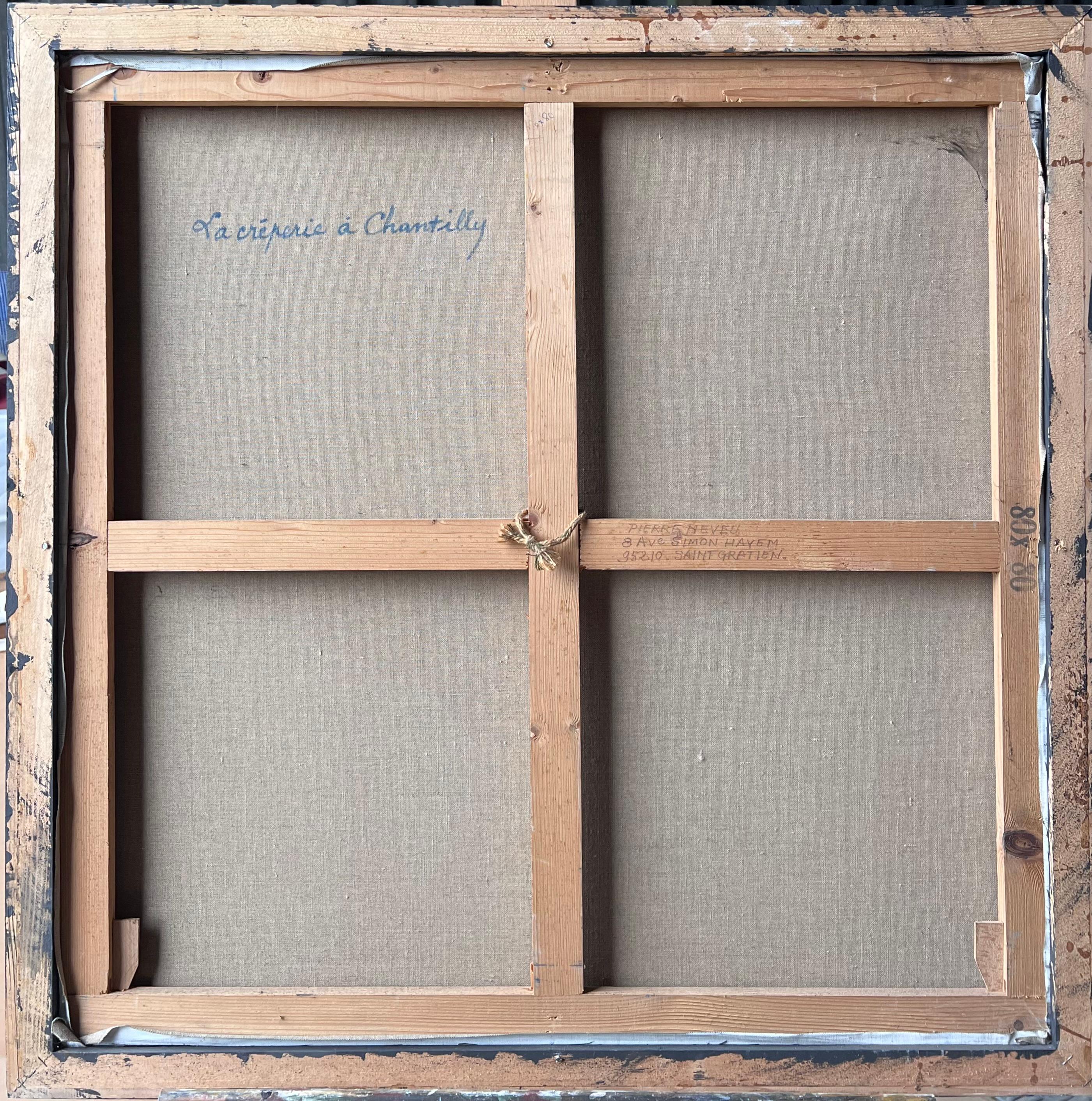 La Creperie in Chantilly Sonnenbeschienene Café-Terrasse mit Figuren auf Französisch Ölgemälde im Angebot 6