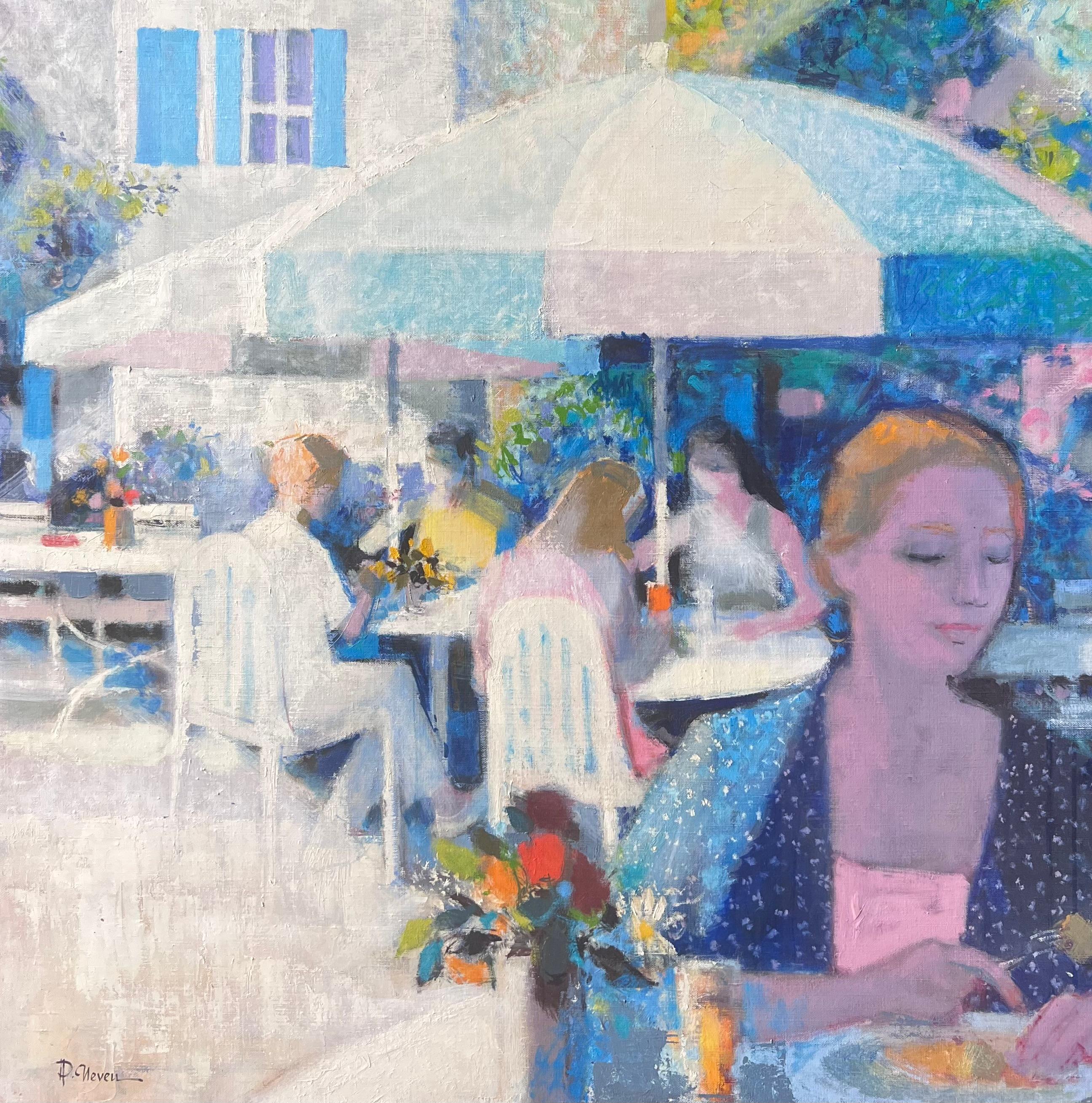 La Creperie in Chantilly Sonnenbeschienene Café-Terrasse mit Figuren auf Französisch Ölgemälde – Painting von Pierre Neveu