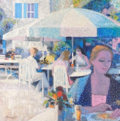 La Creperie in Chantilly Sonnenbeschienene Café-Terrasse mit Figuren auf Französisch Ölgemälde