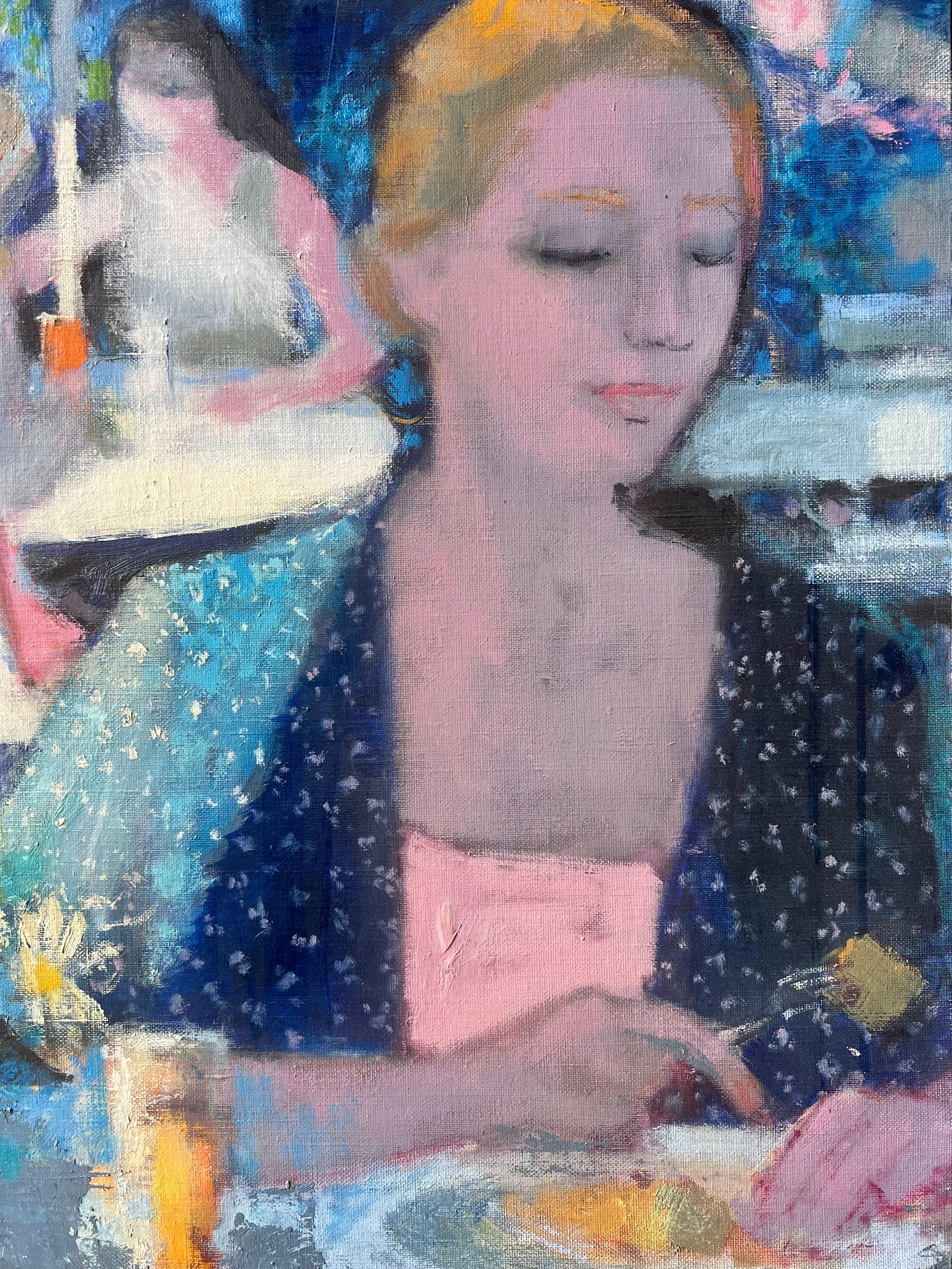 La Creperie in Chantilly Sonnenbeschienene Café-Terrasse mit Figuren auf Französisch Ölgemälde (Post-Impressionismus), Painting, von Pierre Neveu