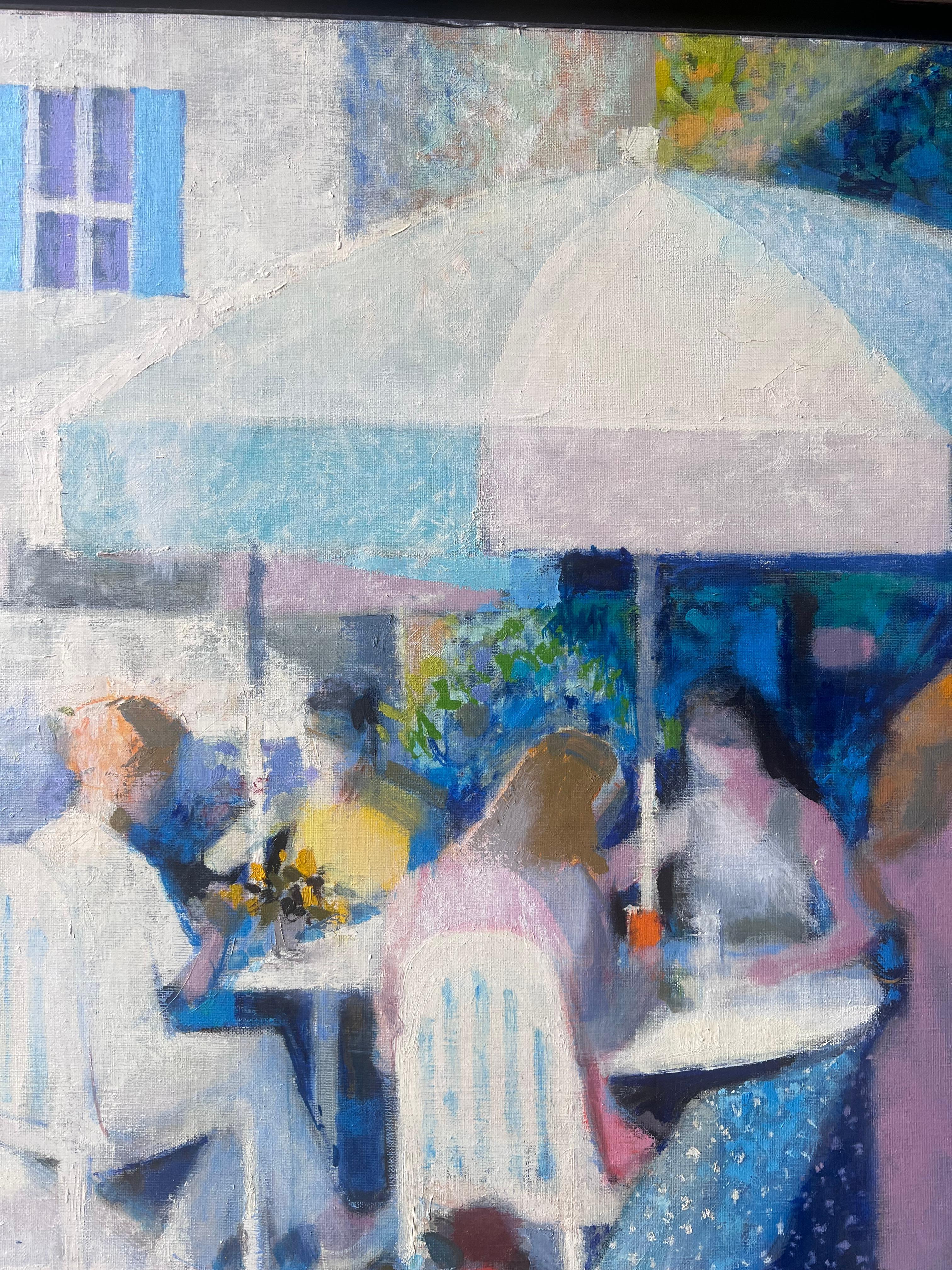 La Creperie in Chantilly
Künstler: Pierre Neveu (Franzose, geb. 1929)
signiert unten links 
Medium: Öl auf Leinwand, gerahmt
Gerahmt: 34 x 34 Zoll
Leinwand: 31 x 31 Zoll
verso beschriftet und betitelt verso
Zustand: Guter und gesunder