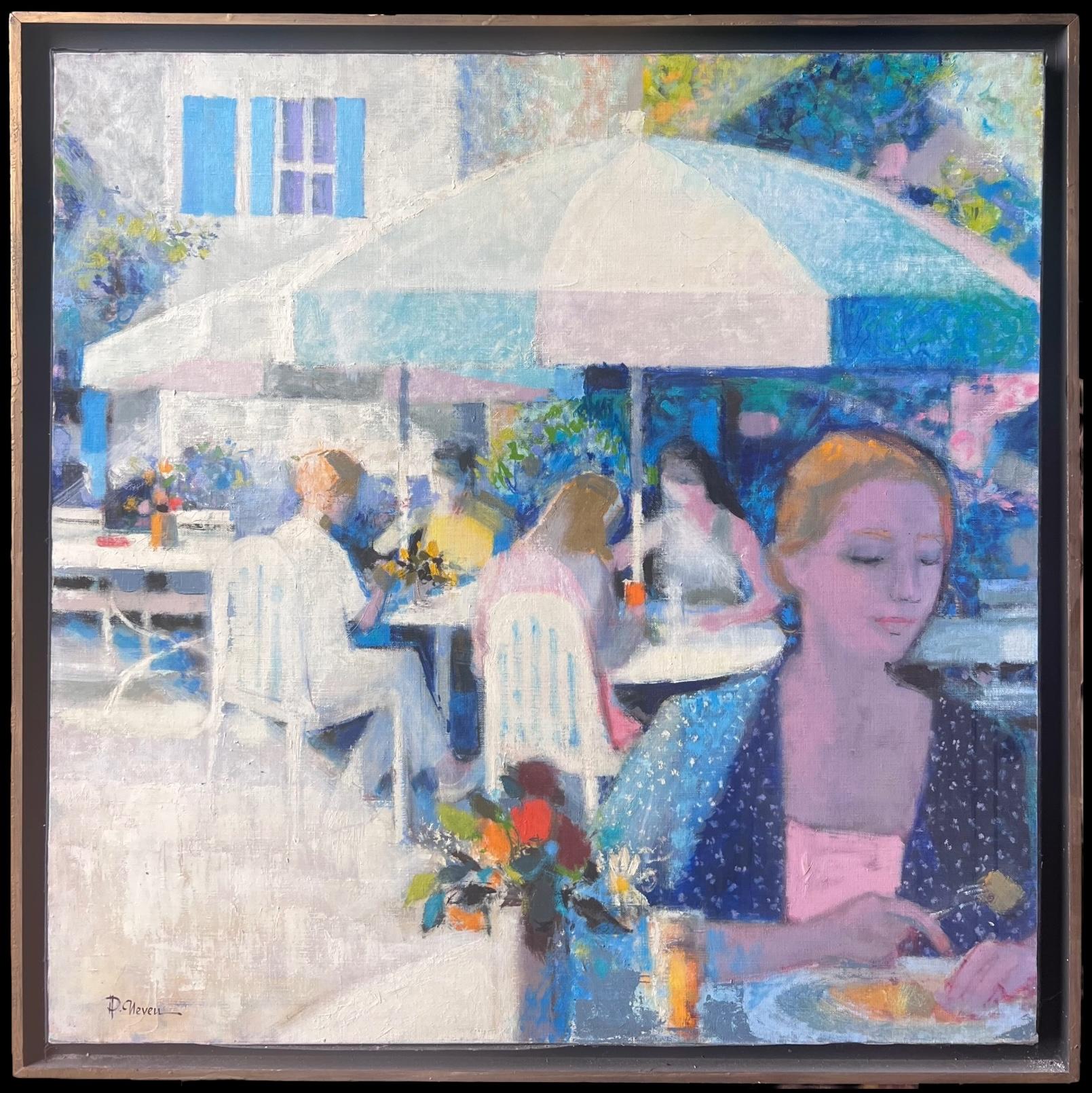 La Creperie in Chantilly Sonnenbeschienene Café-Terrasse mit Figuren auf Französisch Ölgemälde