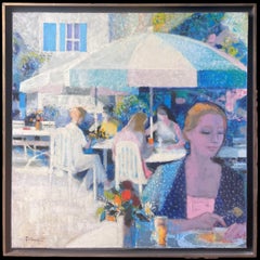 La Creperie At Chantilly Sunlit Cafe Terrace With Figures In French Oil Painting