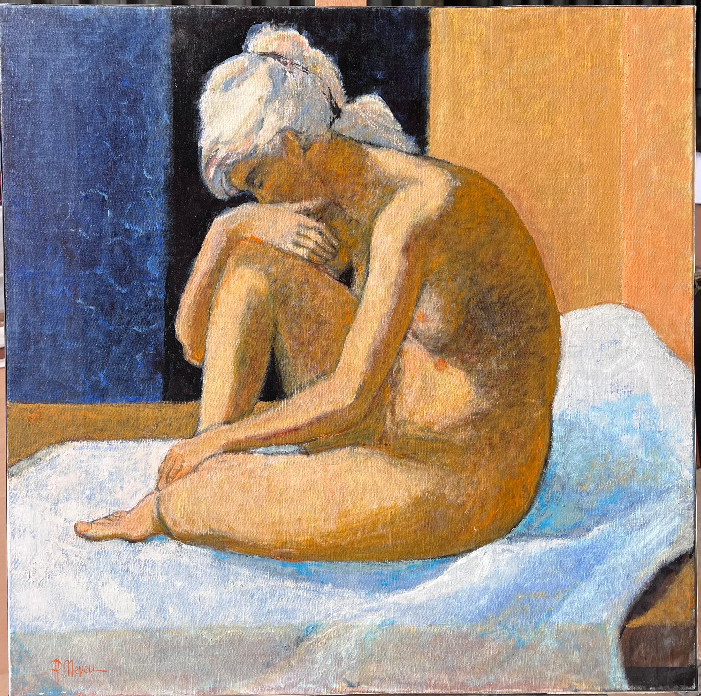 Großes zeitgenössisches französisches postimpressionistisches Ölgemälde Nackte Frau auf Bett – Painting von Pierre Neveu