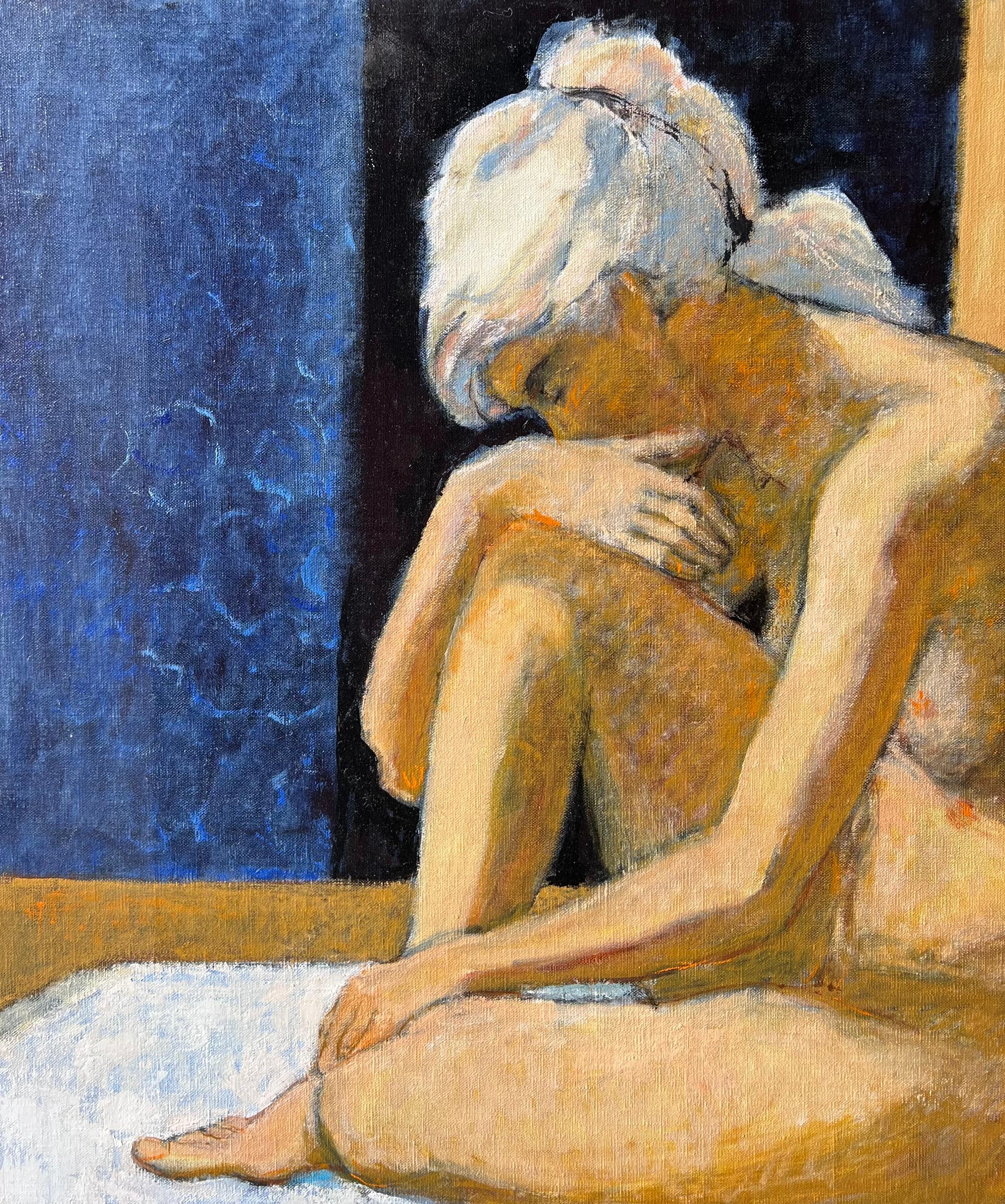 Großes zeitgenössisches französisches postimpressionistisches Ölgemälde Nackte Frau auf Bett (Post-Impressionismus), Painting, von Pierre Neveu