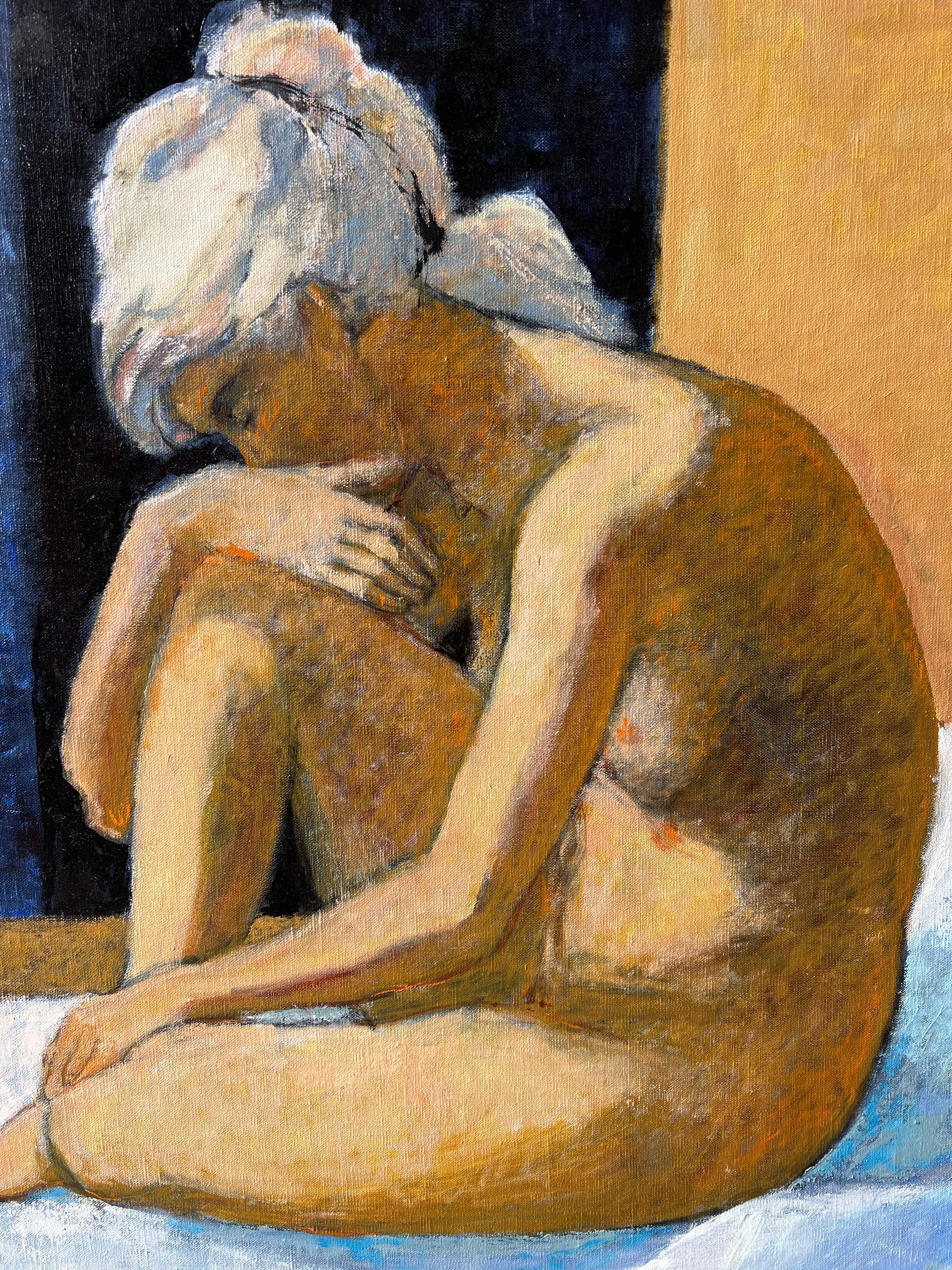 Großes zeitgenössisches französisches postimpressionistisches Ölgemälde Nackte Frau auf Bett (Beige), Nude Painting, von Pierre Neveu