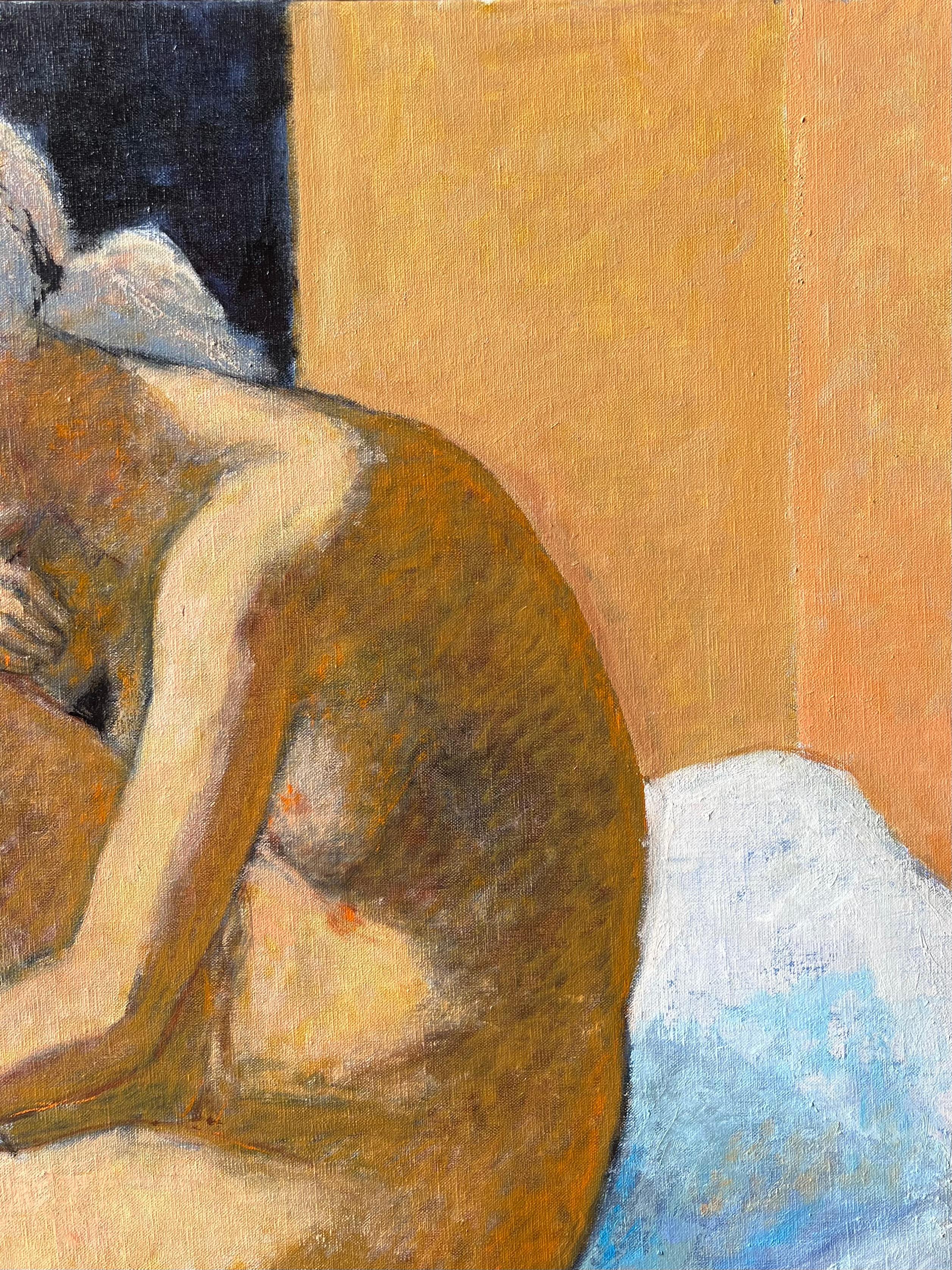 Nackt auf dem Bett
Künstler: Pierre Neveu (Franzose, geb. 1929)
signiert unten links 
Medium: Öl auf Leinwand, ungerahmt
Leinwand: 31,5 x 31,5 Zoll
Zustand: Guter und gesunder Zustand
Provenienz: Aus dem Atelierverkauf des Künstlers in Frankreich;