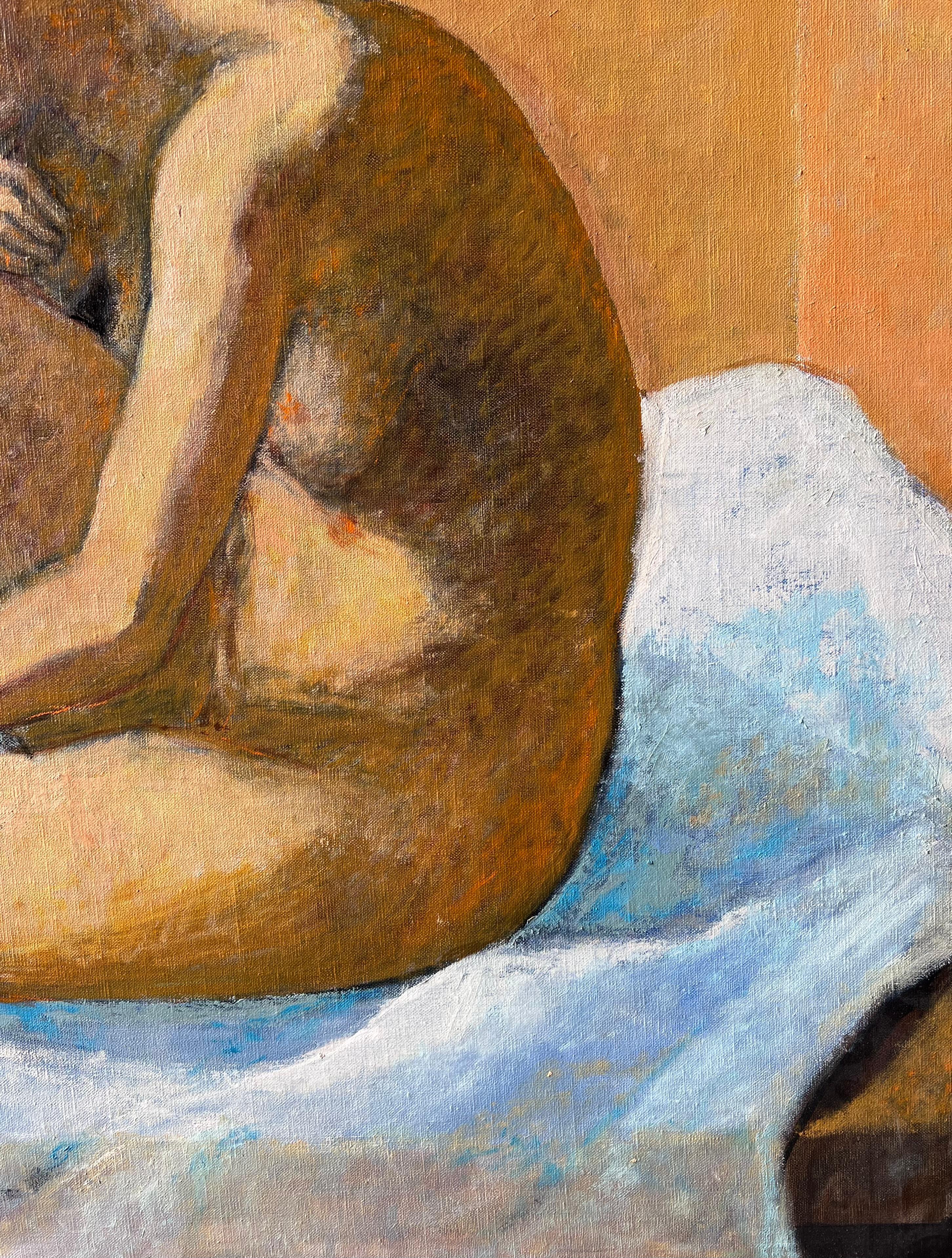 Großes zeitgenössisches französisches postimpressionistisches Ölgemälde Nackte Frau auf Bett im Angebot 1