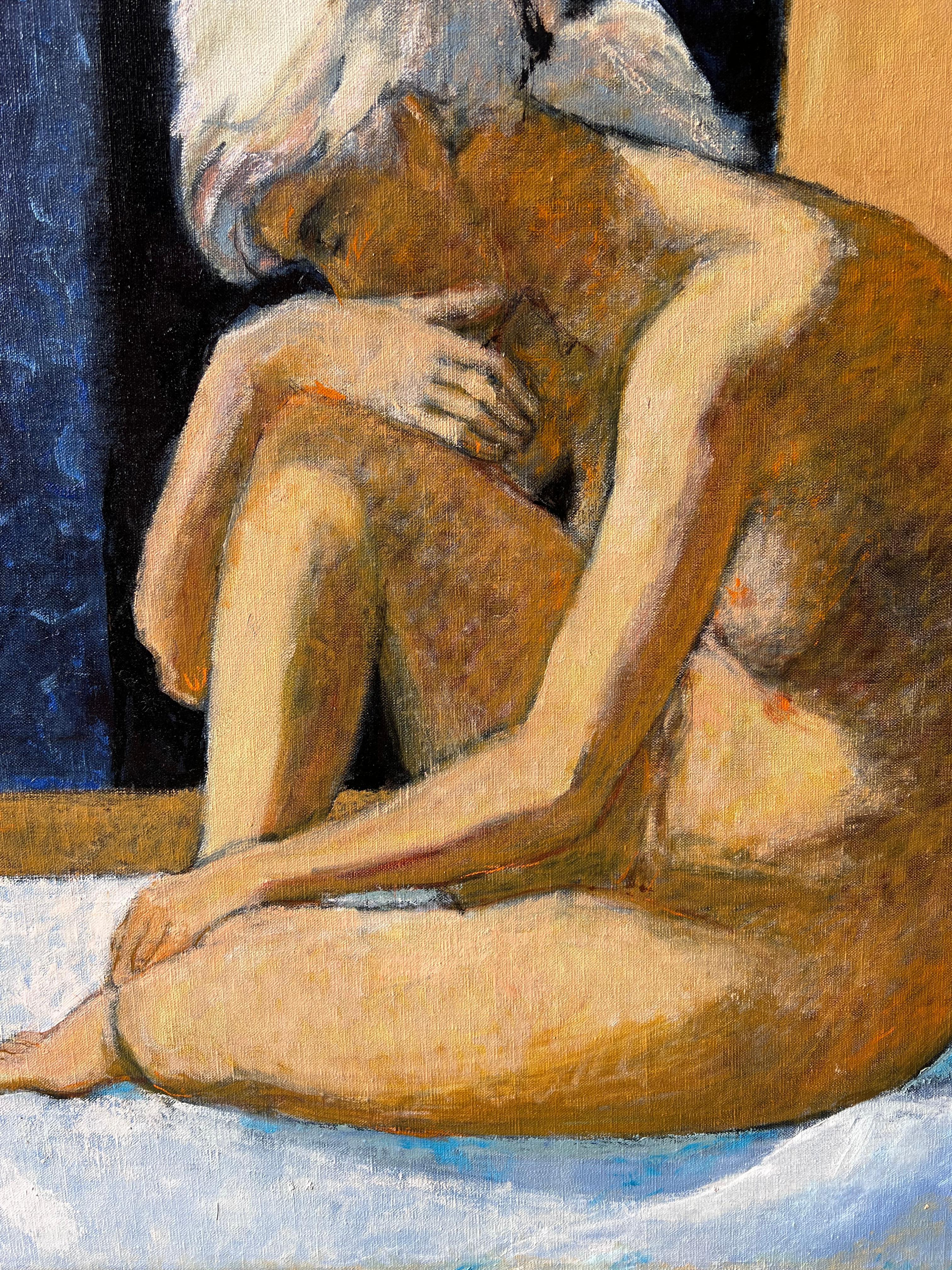 Großes zeitgenössisches französisches postimpressionistisches Ölgemälde Nackte Frau auf Bett im Angebot 2