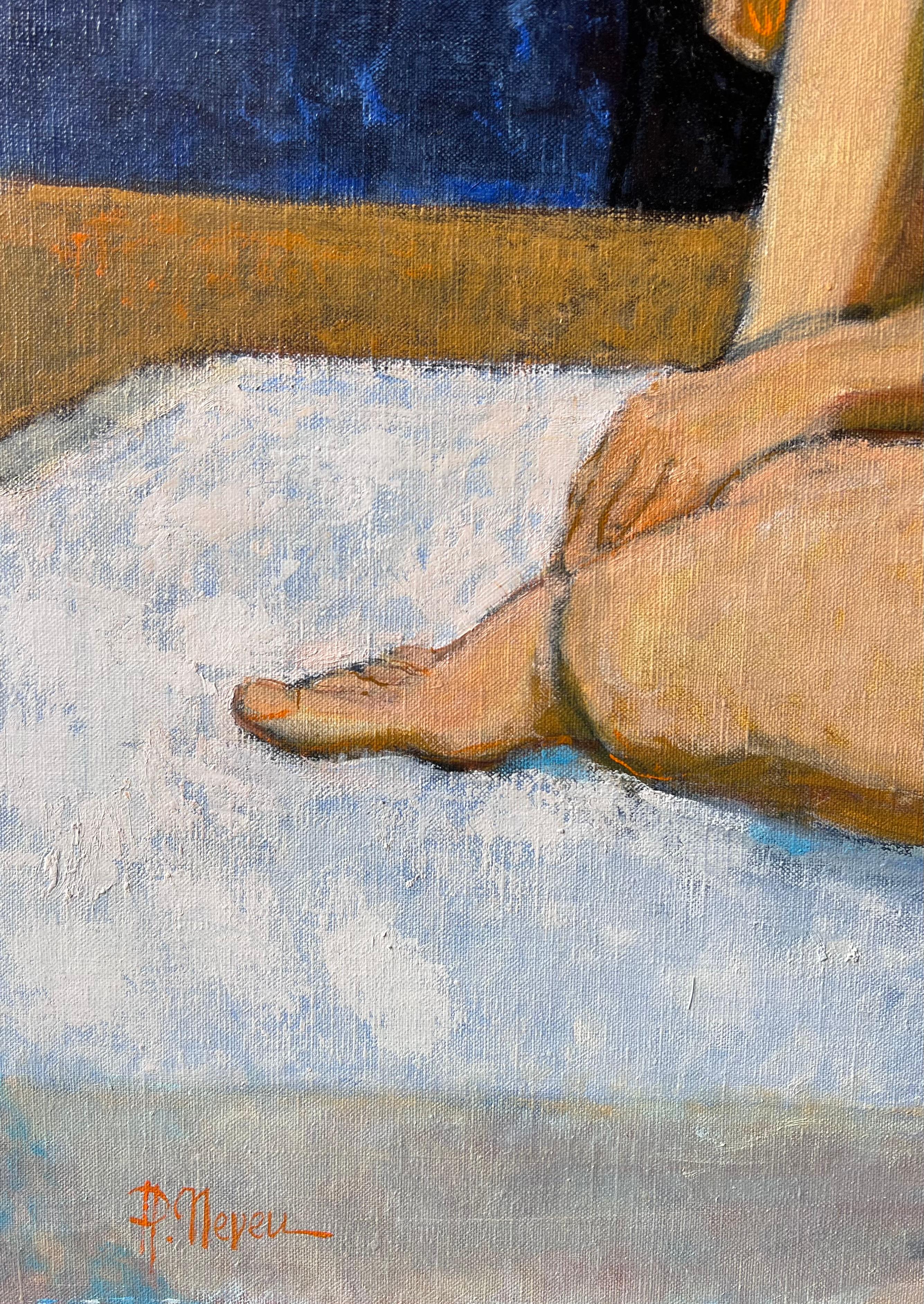 Großes zeitgenössisches französisches postimpressionistisches Ölgemälde Nackte Frau auf Bett im Angebot 3