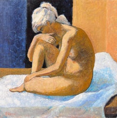 Large Contemporary French Post Impressionist Oil Painting Nude Woman on Bed