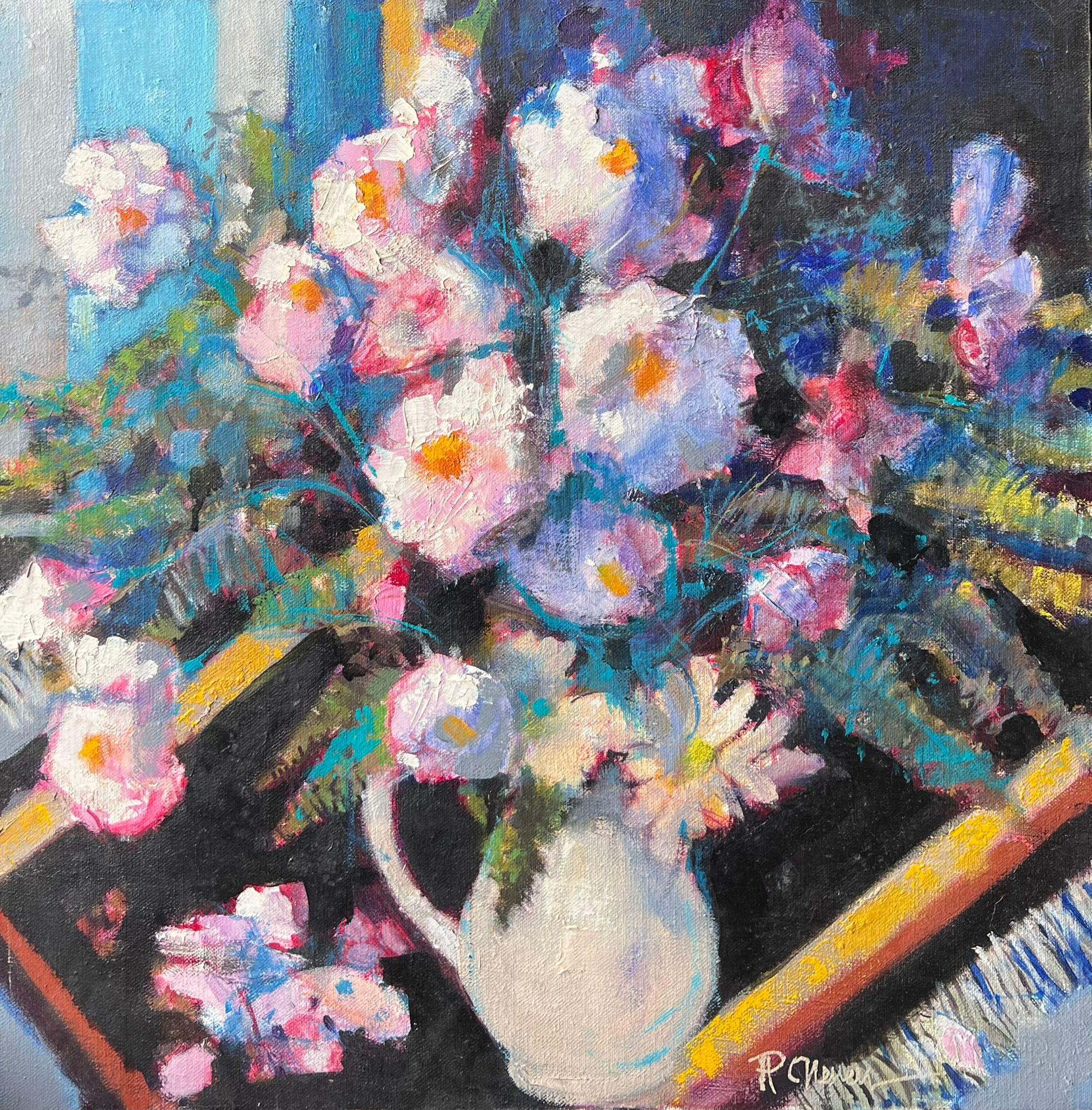 Große Französisch Impressionist signiert Ölgemälde reichlich rosa Blumen Stillleben – Painting von Pierre Neveu