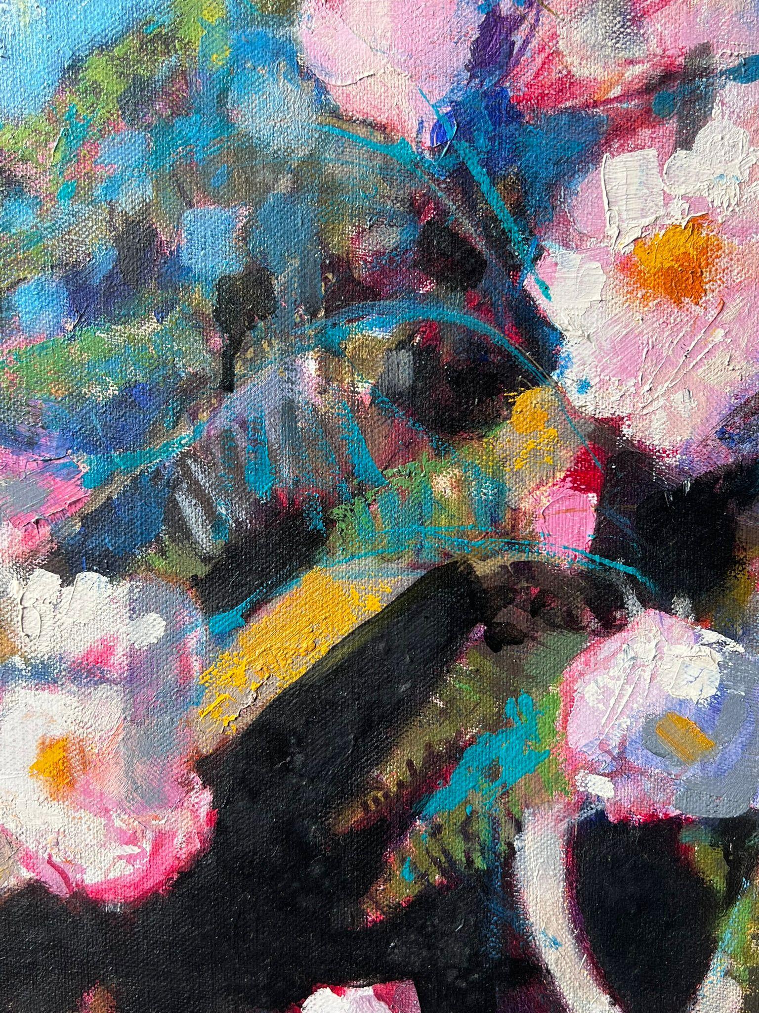 Große Französisch Impressionist signiert Ölgemälde reichlich rosa Blumen Stillleben (Schwarz), Still-Life Painting, von Pierre Neveu