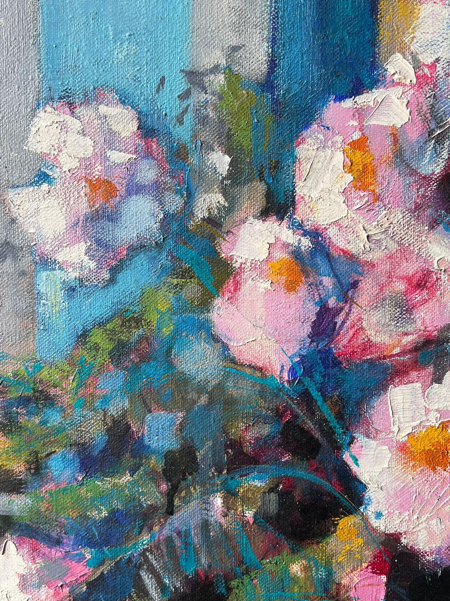 Große Französisch Impressionist signiert Ölgemälde reichlich rosa Blumen Stillleben im Angebot 1