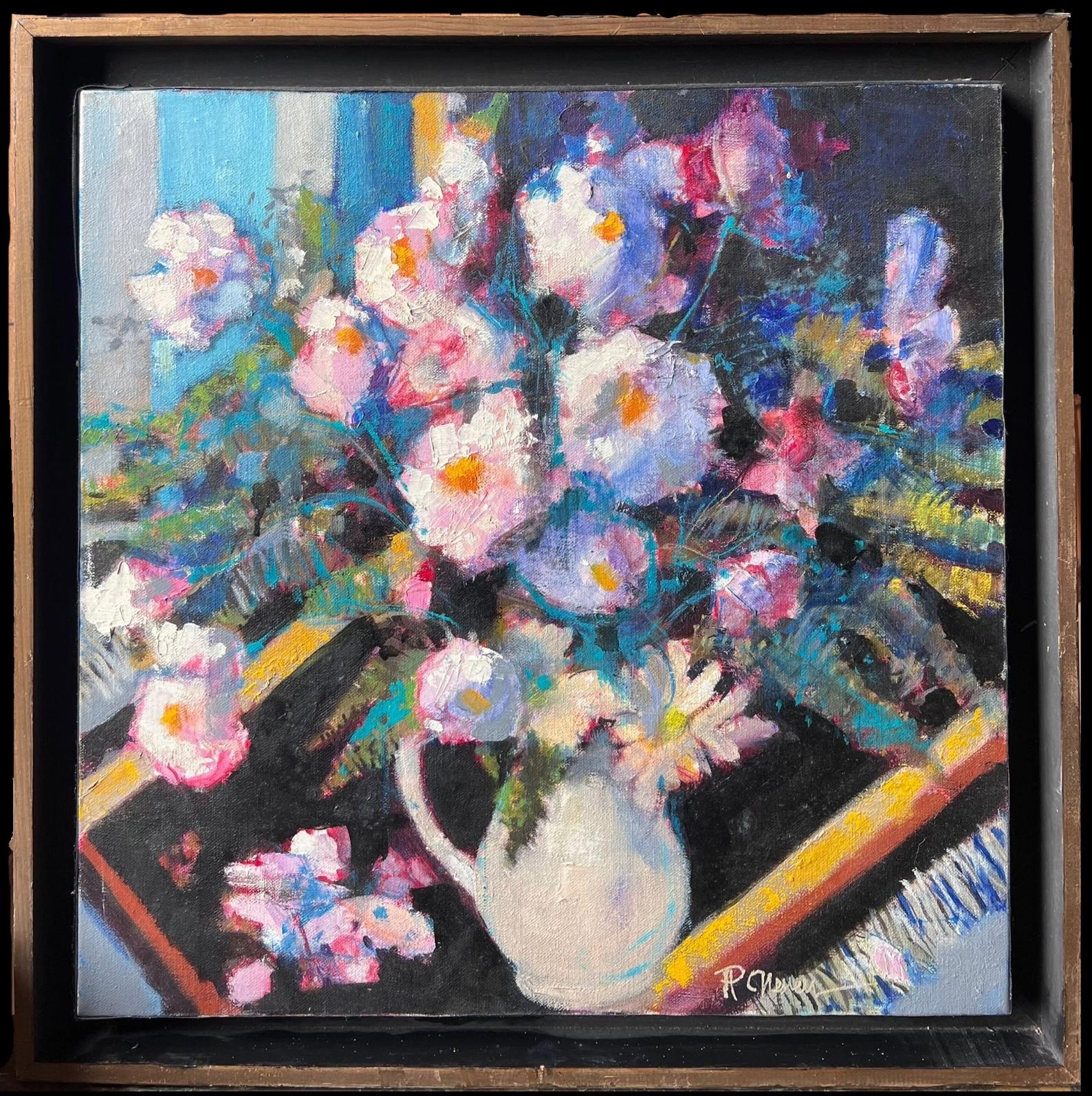 Grande peinture à l
huile impressionniste française signée Nature morte aux fleurs roses abondantes