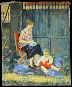 Mother and Child in Garden by Pierre Neveu French Figurative Signed Oil Painting