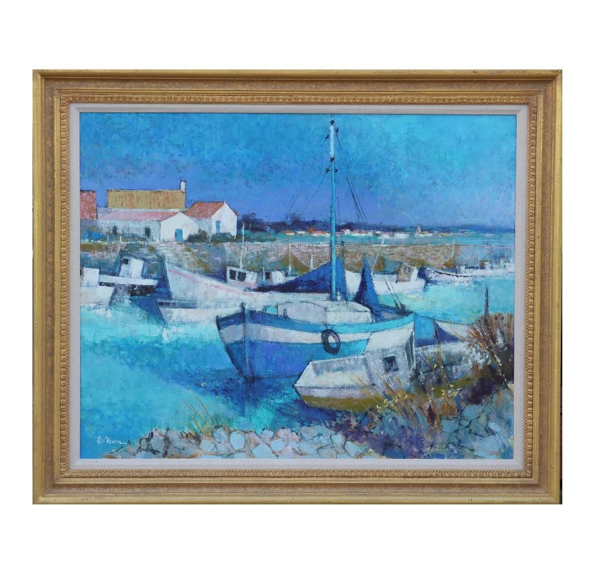 Pierre Neveu Landscape Painting - "Noirmontier" Impressionist Seascape with Boats