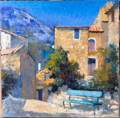 Old Provencal Village Houses & Blue Bench French Post Impressionist Oil Painting