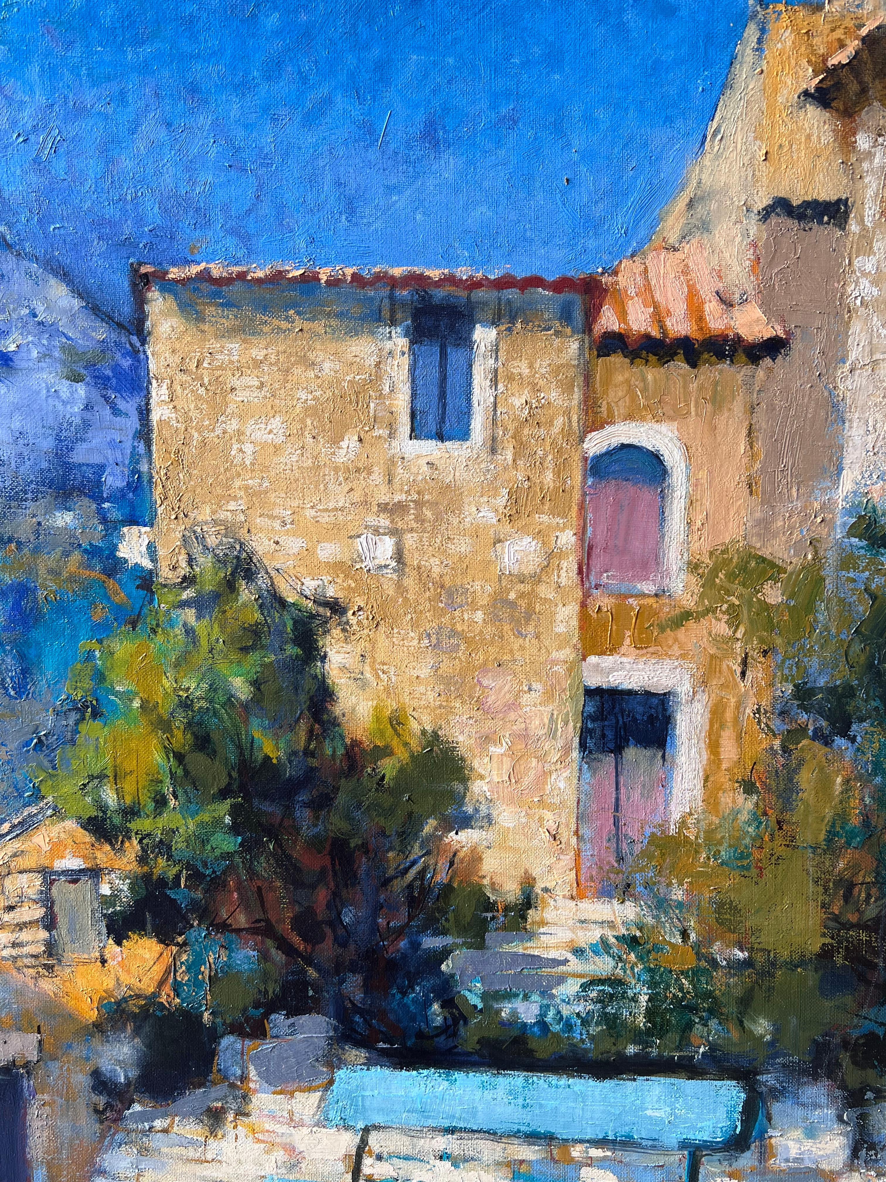 Alte provenzalische Dorfhäuser und blaue Bank Französisch Post Impressionist Ölgemälde (Post-Impressionismus), Painting, von Pierre Neveu