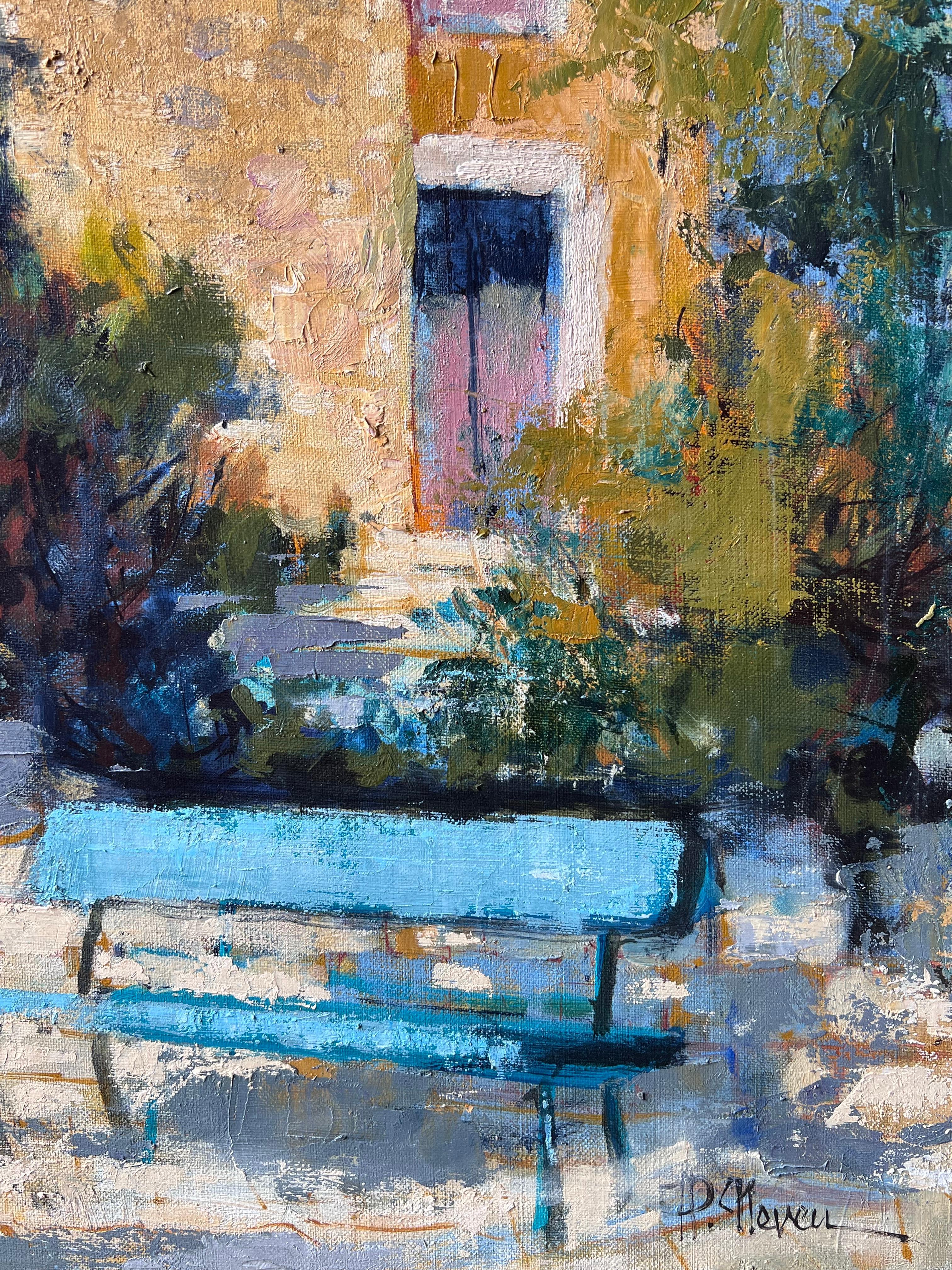 Alte provenzalische Dorfhäuser und blaue Bank Französisch Post Impressionist Ölgemälde (Blau), Landscape Painting, von Pierre Neveu