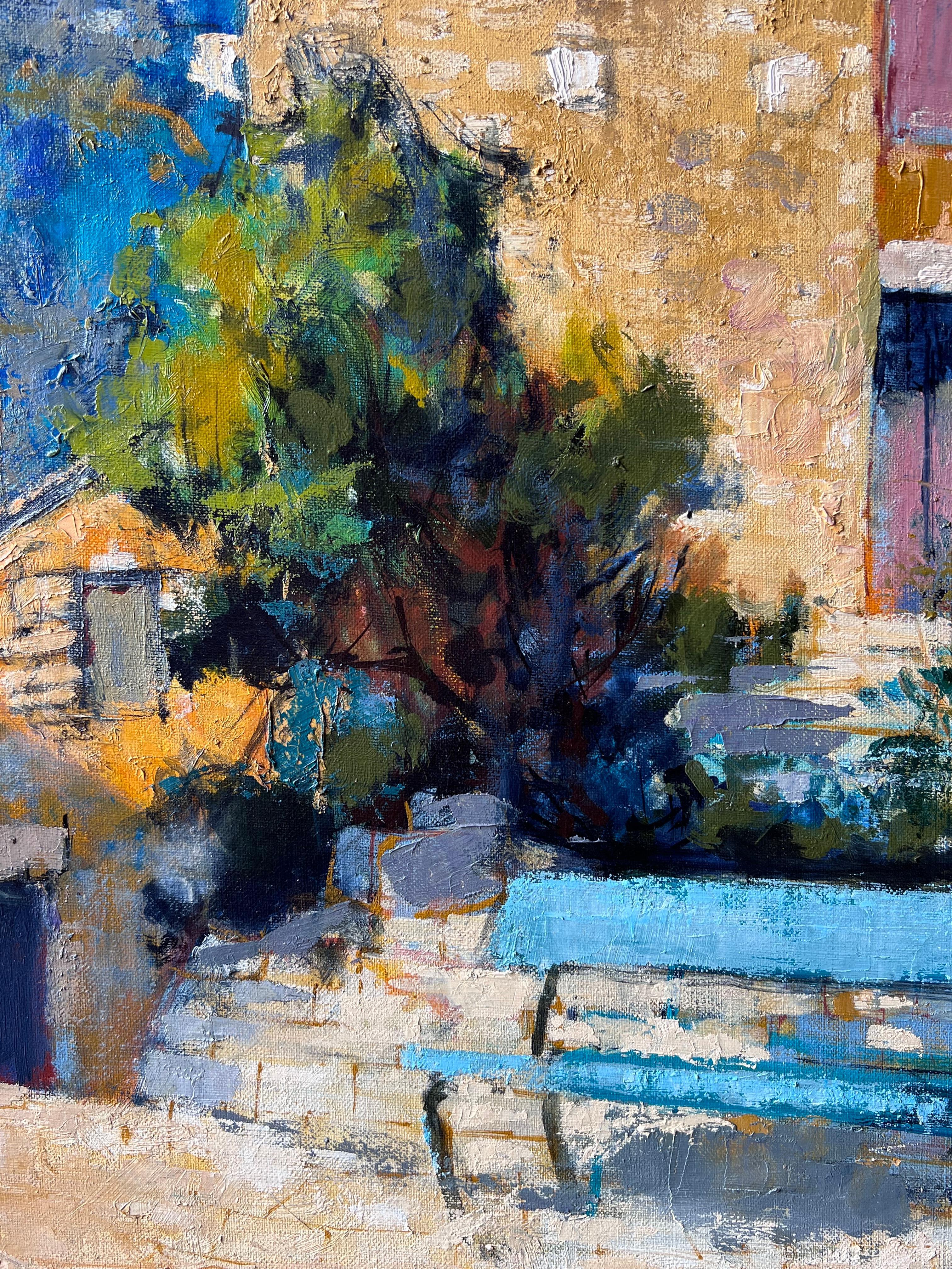 Das provenzalische Dorf
Künstler: Pierre Neveu (Franzose, geb. 1929)
signiert unten rechts 
Medium: Öl auf Leinwand, ungerahmt
Leinwand: 23,5 x 23,5 Zoll
Zustand: Guter und gesunder Zustand
Verso Stempel des Museums, der sich vermutlich auf eine