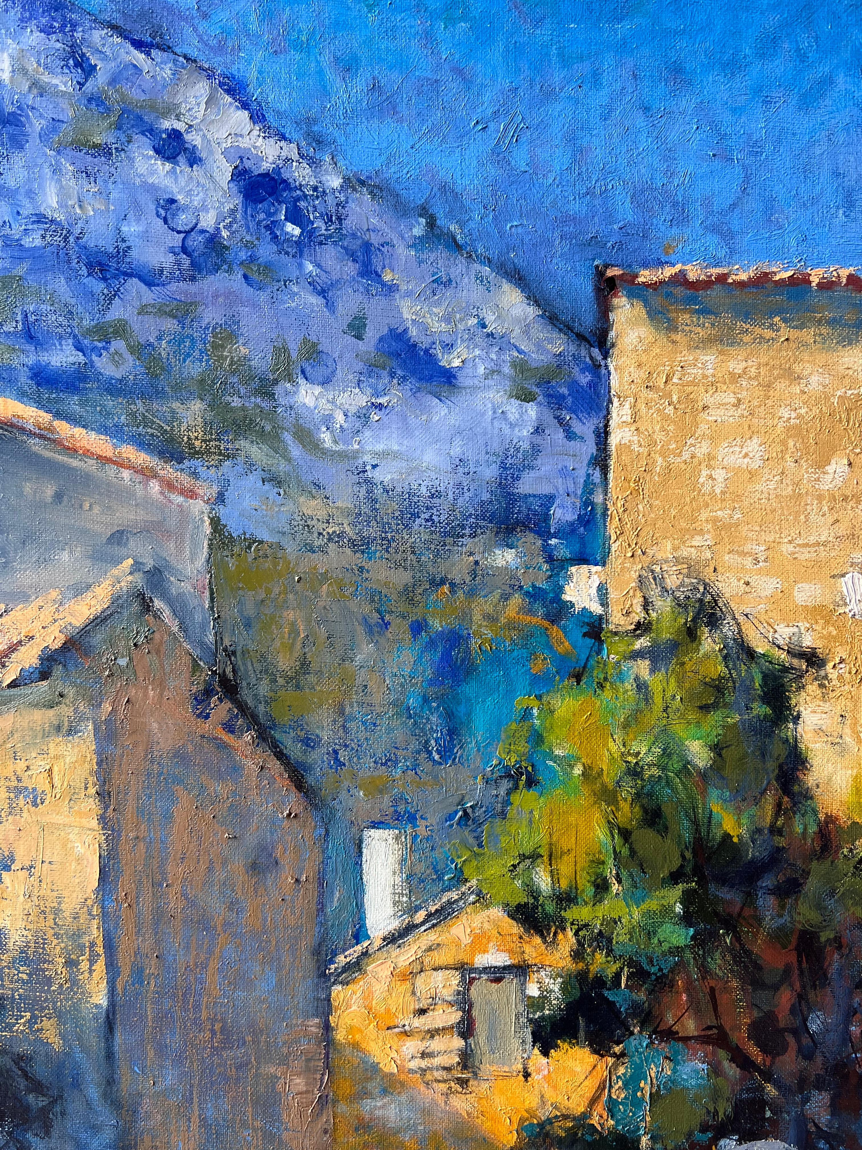 Alte provenzalische Dorfhäuser und blaue Bank Französisch Post Impressionist Ölgemälde im Angebot 1