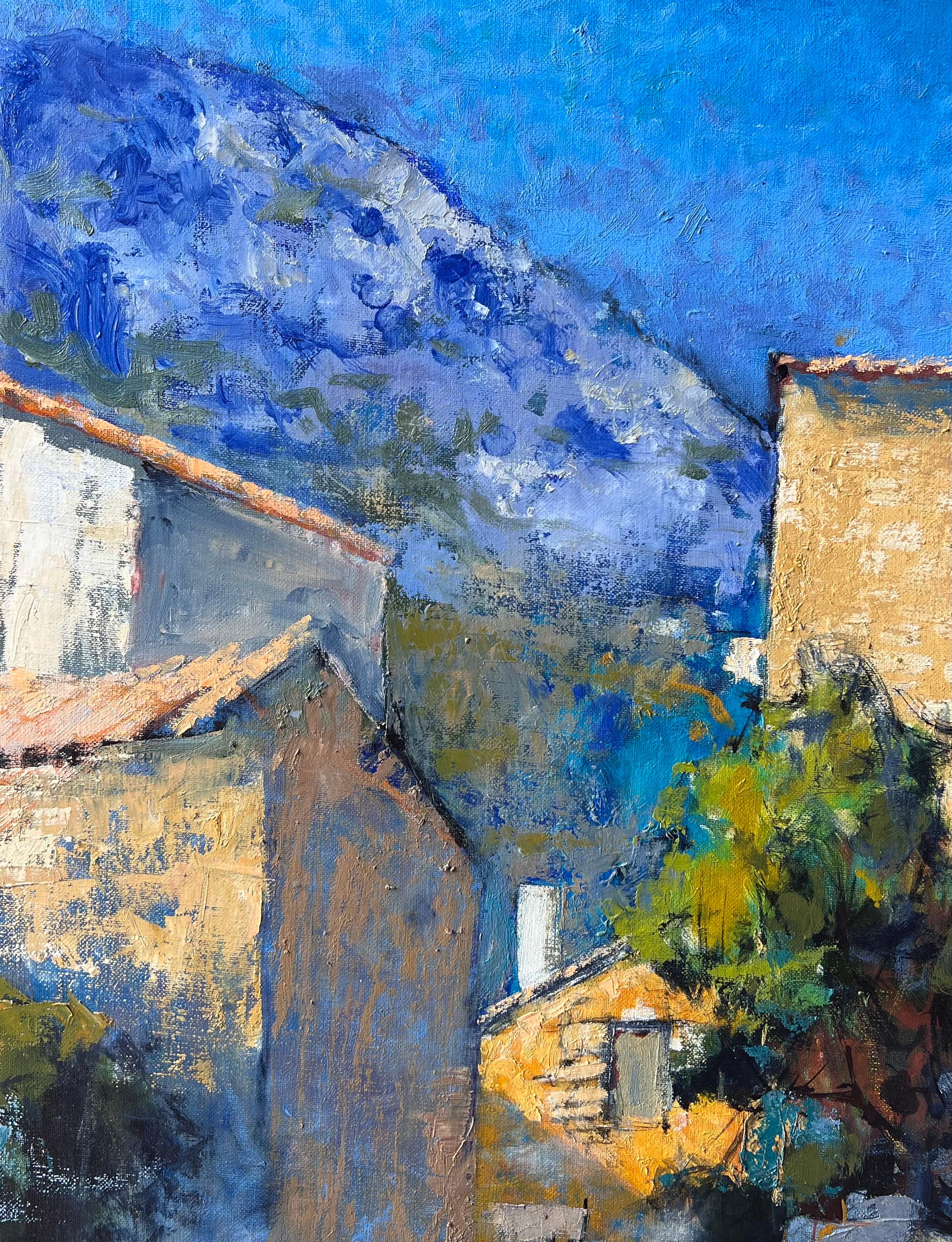 Alte provenzalische Dorfhäuser und blaue Bank Französisch Post Impressionist Ölgemälde im Angebot 2